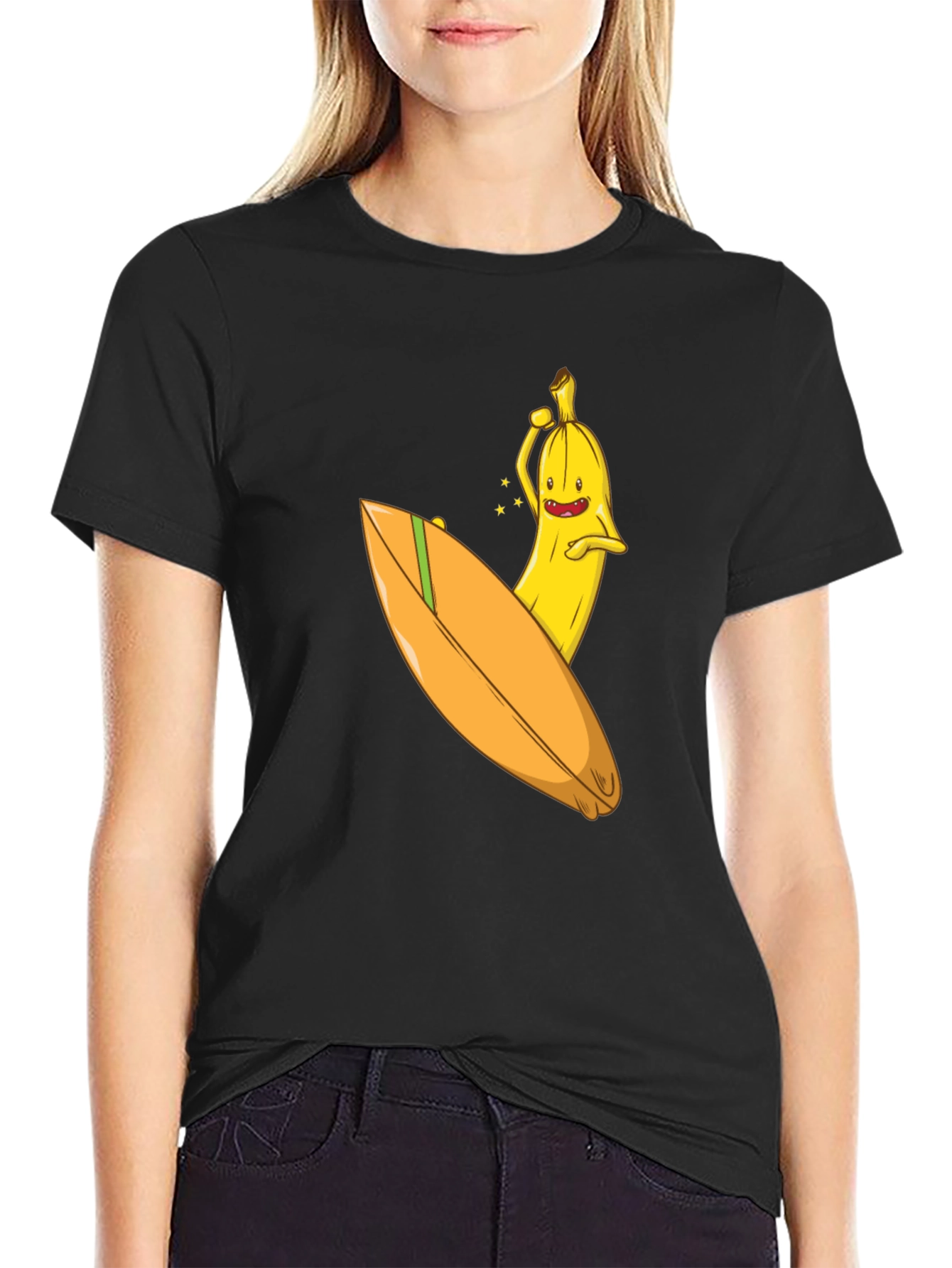 Surfing Banana Graphic Tee - Black Cotton T-Shirt