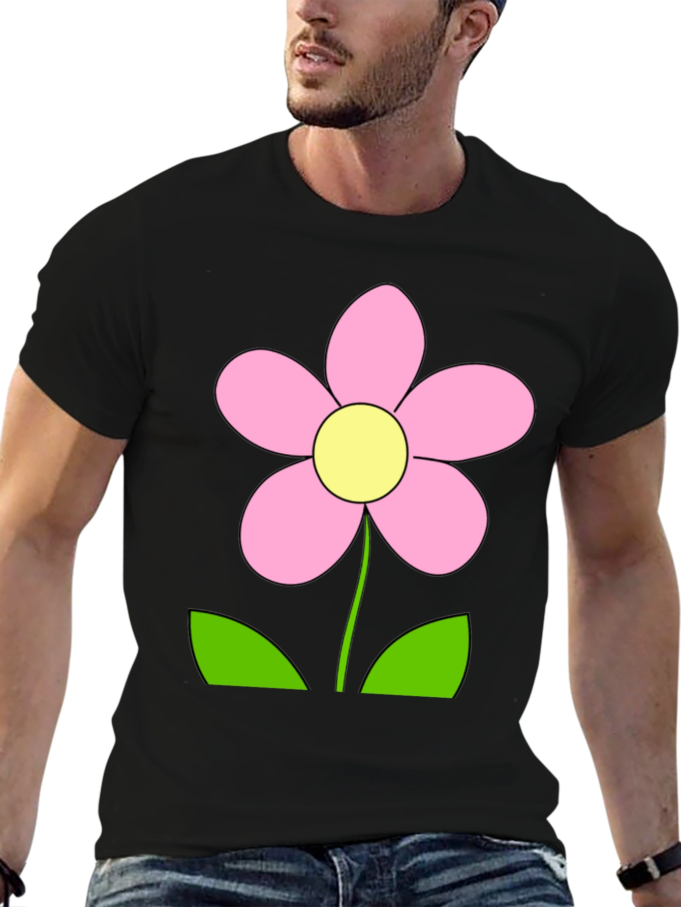 Black T-Shirt with Pink Flower Graphic