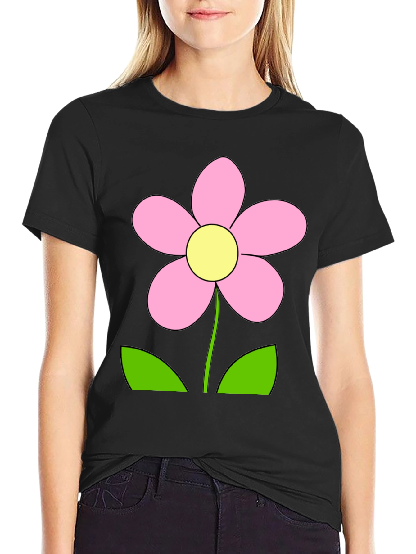 Black T-Shirt with Pink Flower Graphic