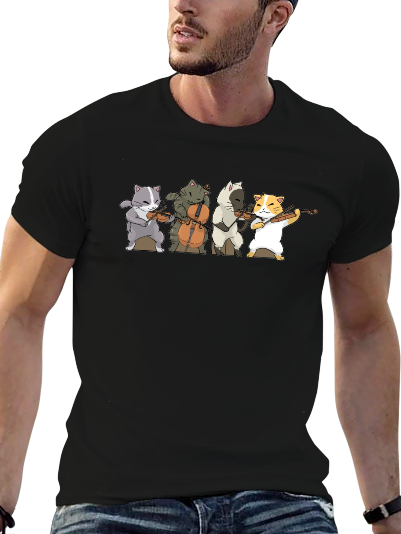 Cat Band T-Shirt - Black Cotton Blend