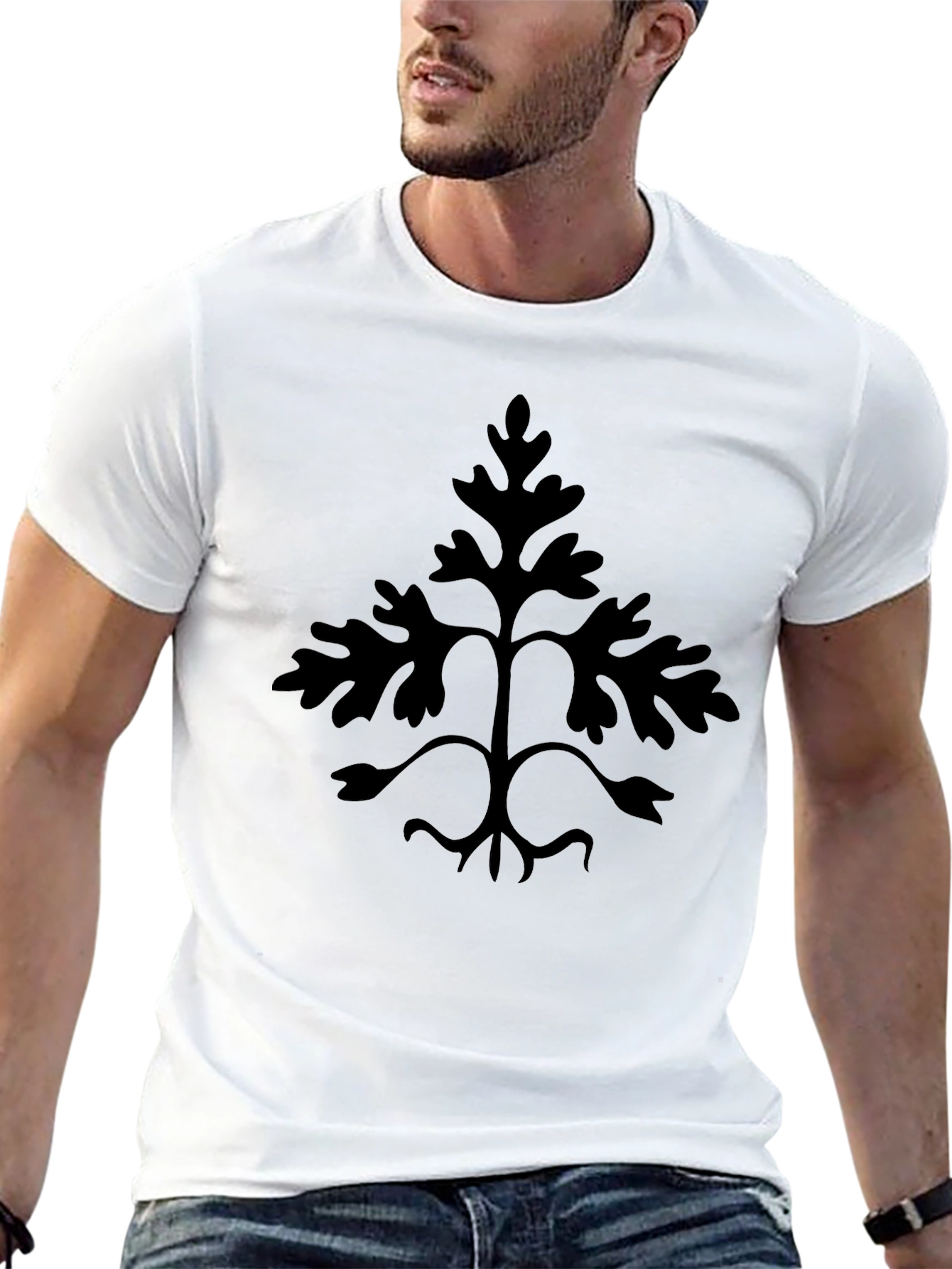 Mens Black T-Shirt with Leaf Design