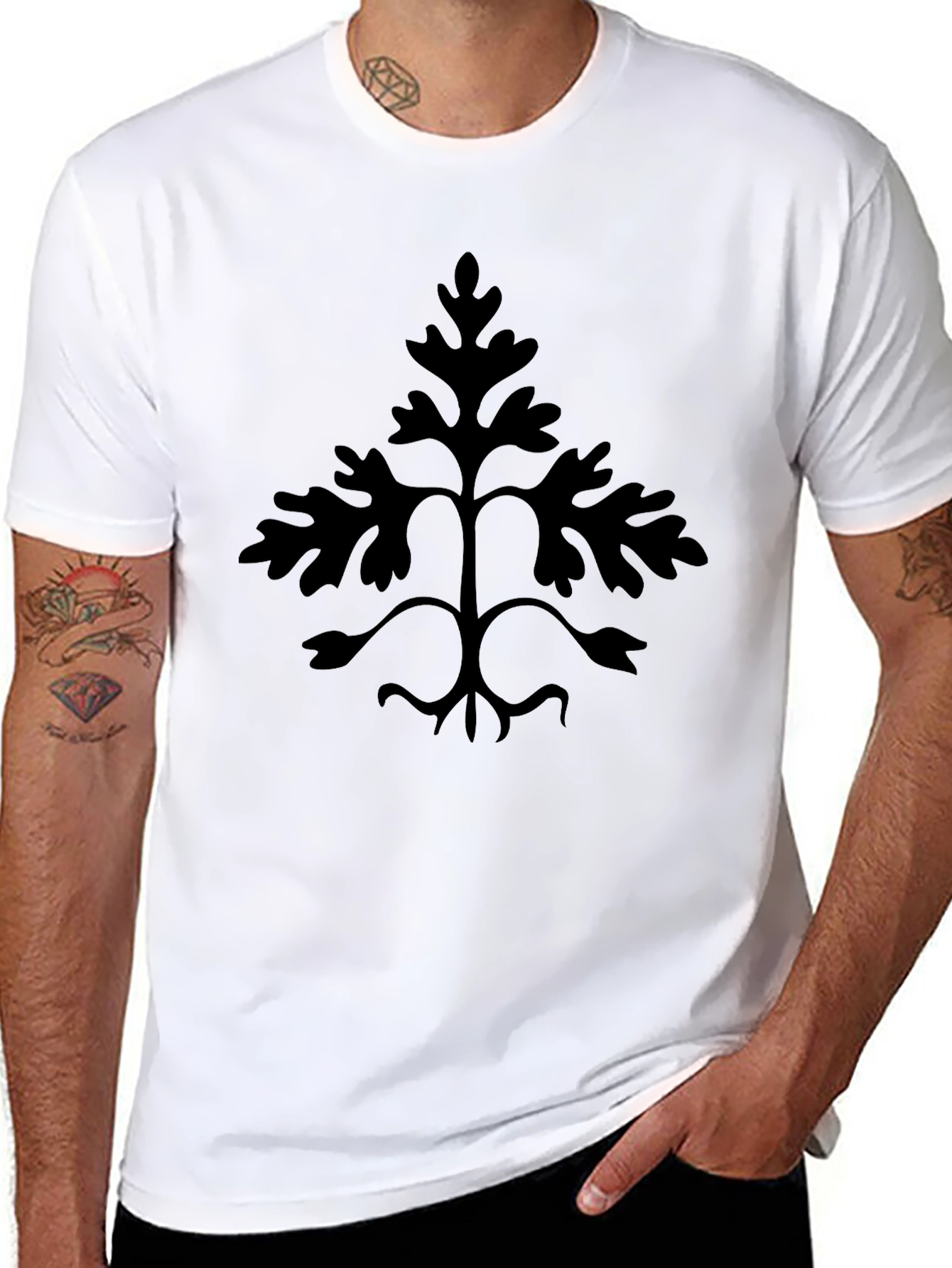 Mens Black T-Shirt with Leaf Design