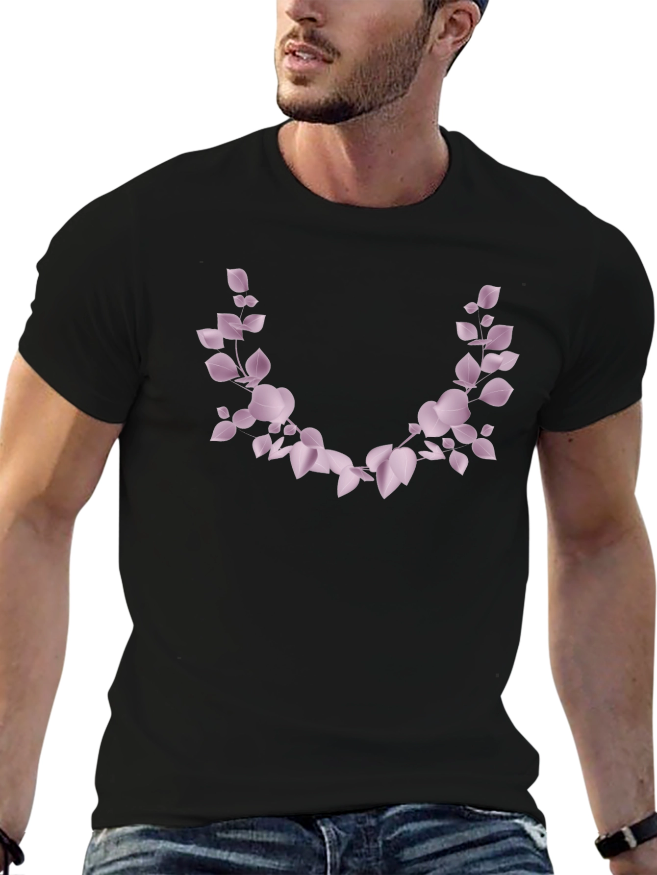 Mens Black T-Shirt with Floral Leaf Design