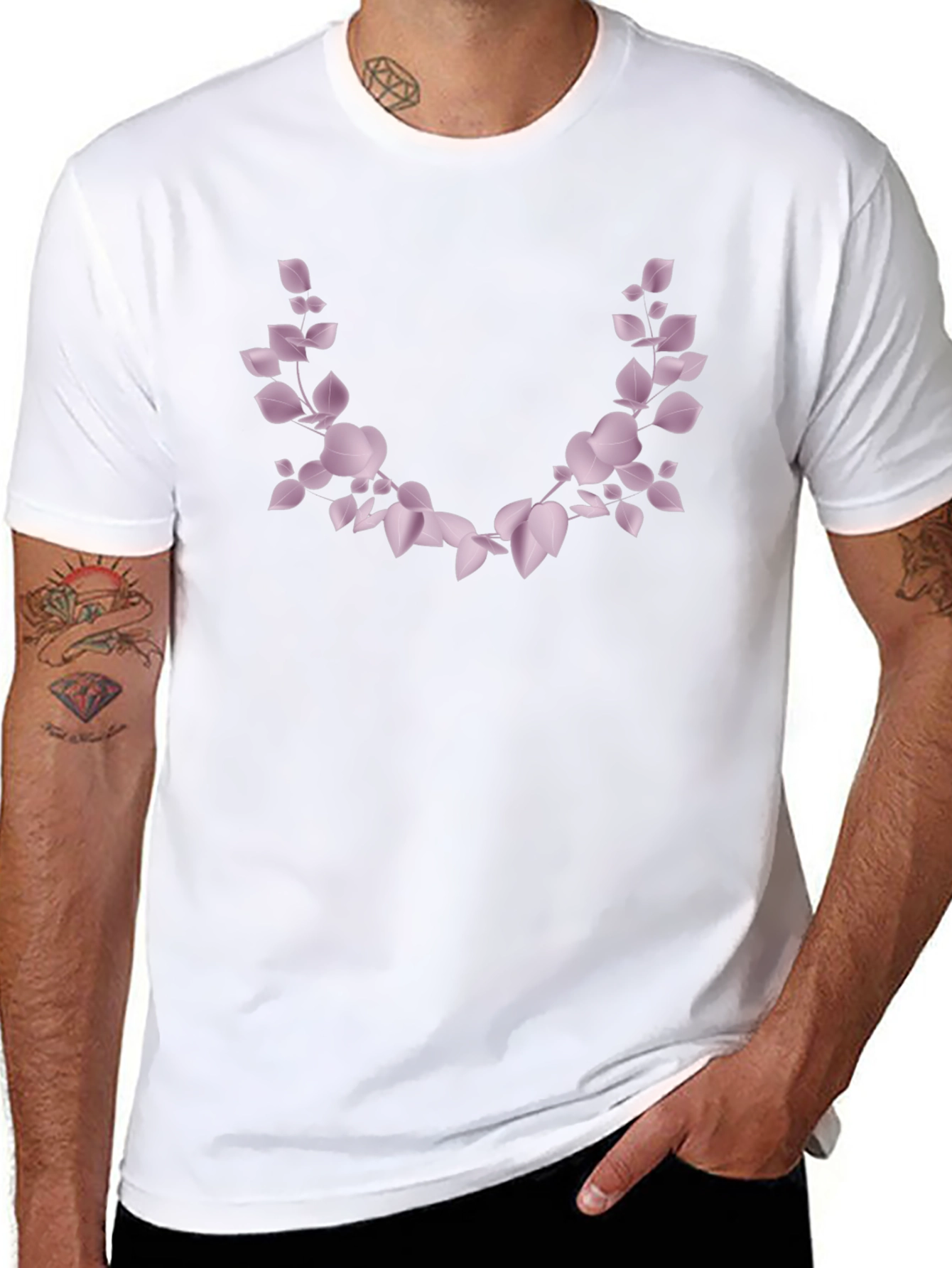 Mens Black T-Shirt with Floral Leaf Design