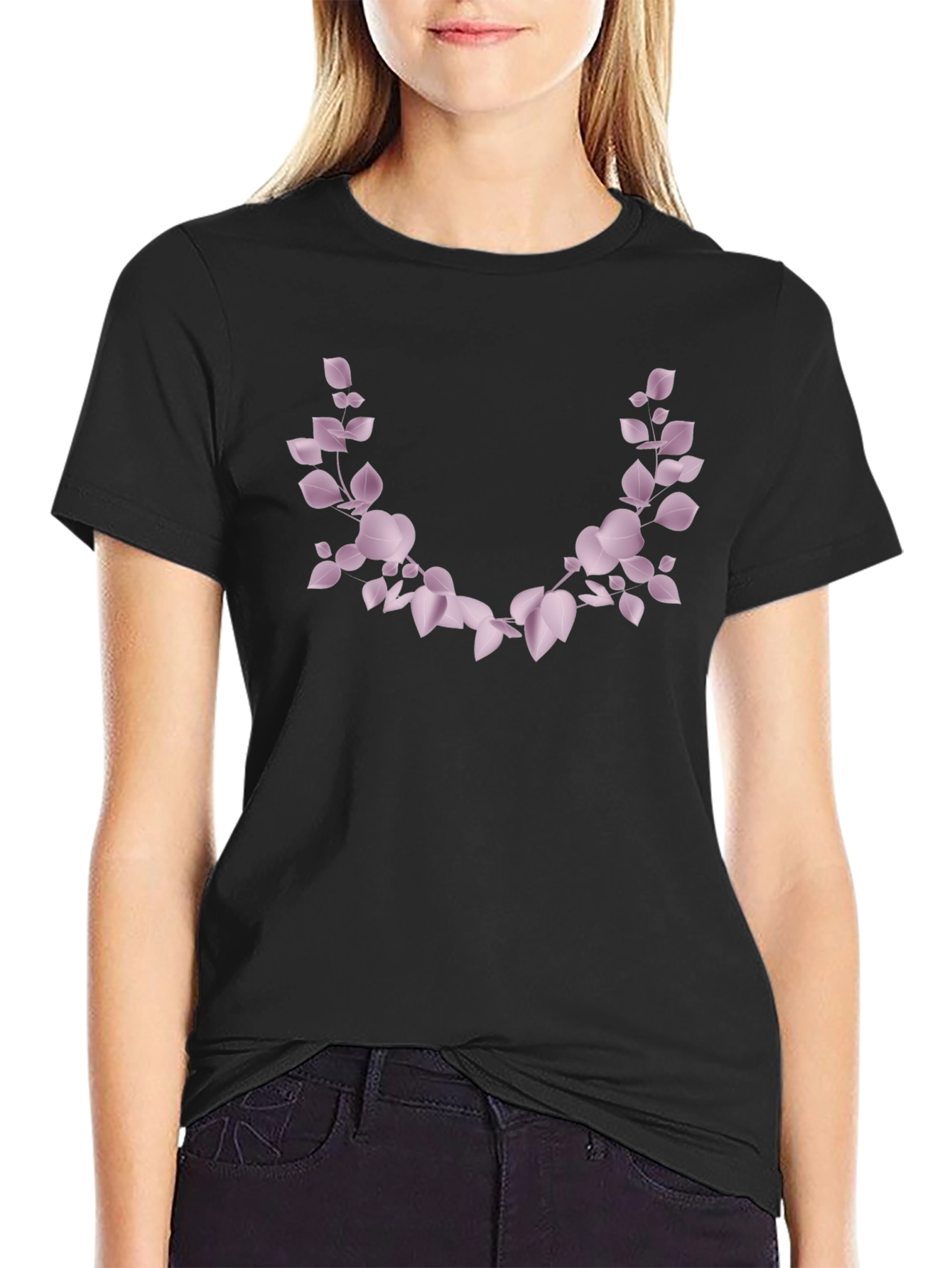 Mens Black T-Shirt with Floral Leaf Design