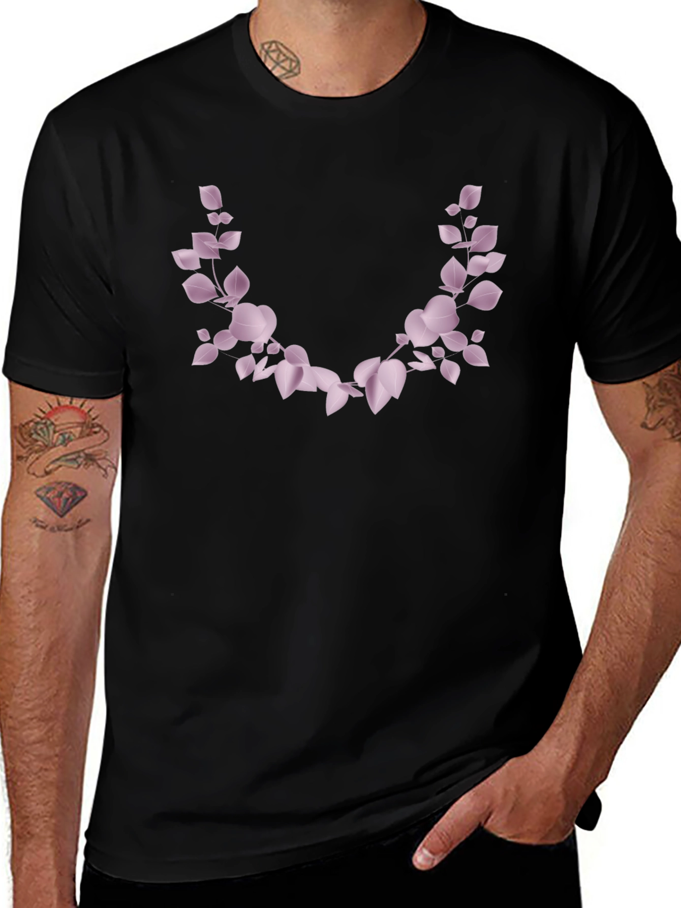 Mens Black T-Shirt with Floral Leaf Design
