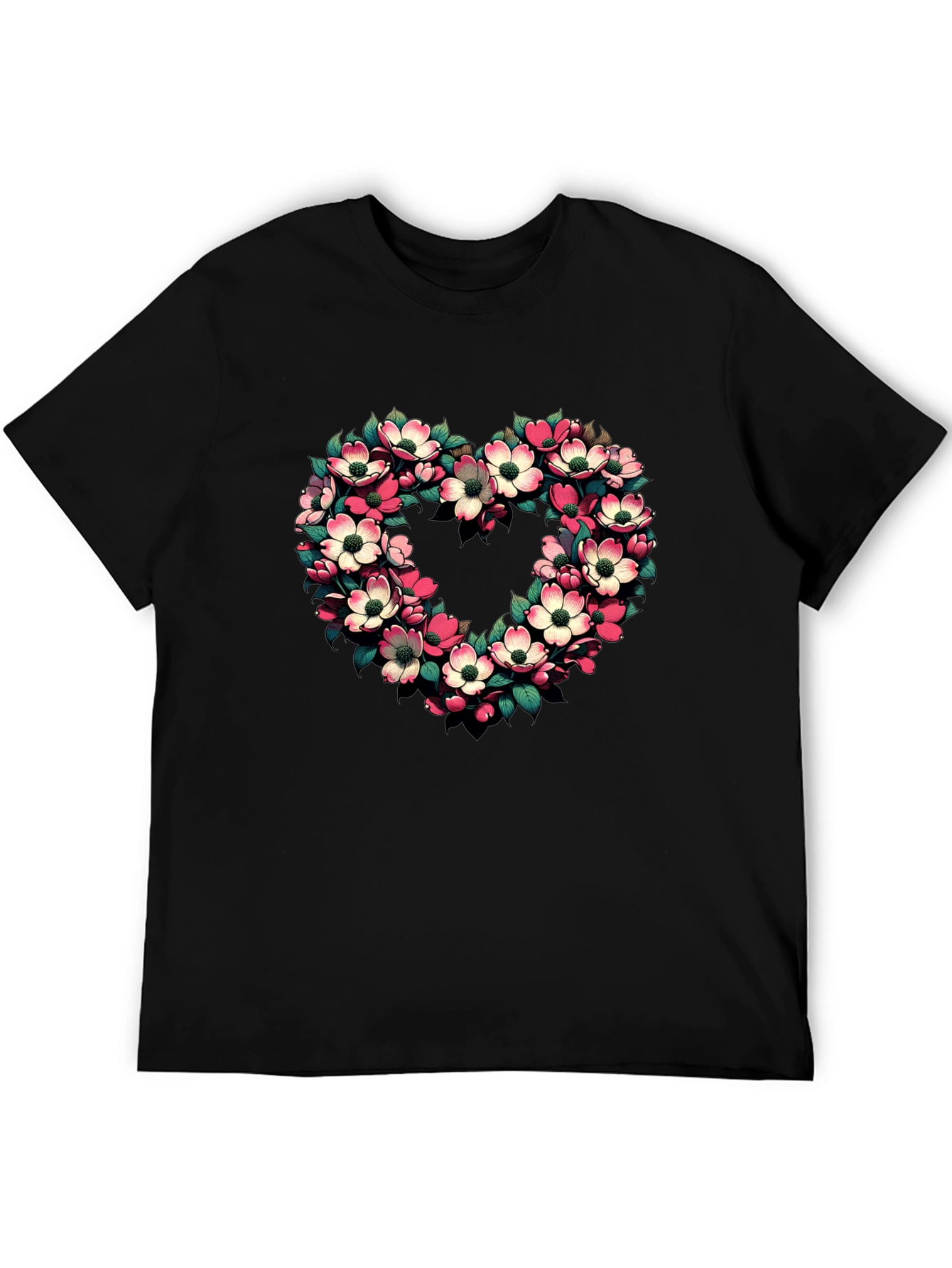 Floral Heart Graphic Tee - Black Cotton T-Shirt