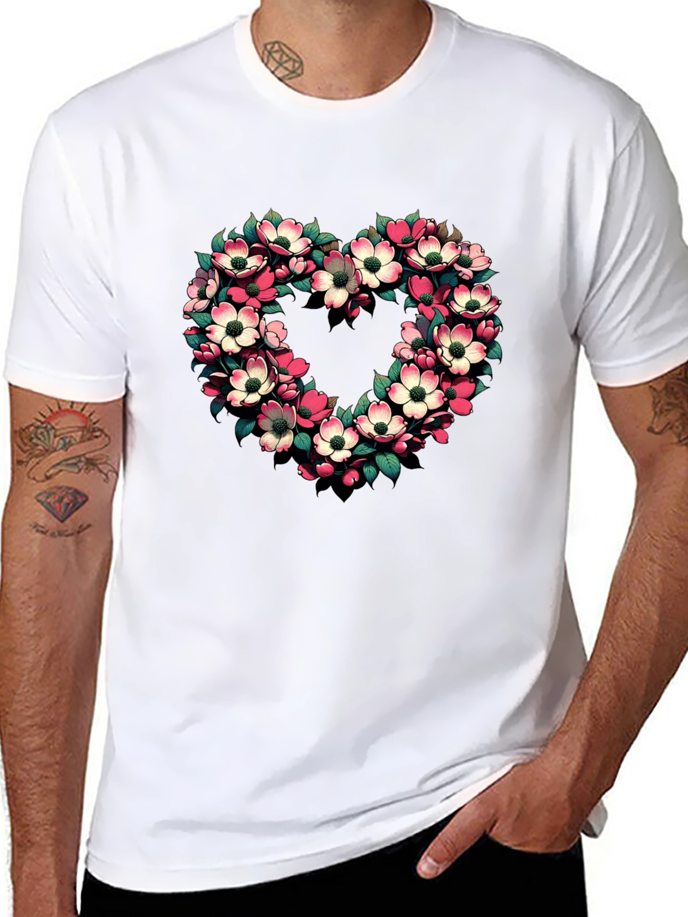Floral Heart Graphic Tee - Black Cotton T-Shirt