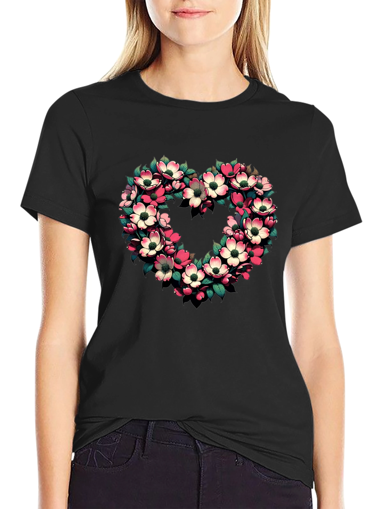 Floral Heart Graphic Tee - Black Cotton T-Shirt