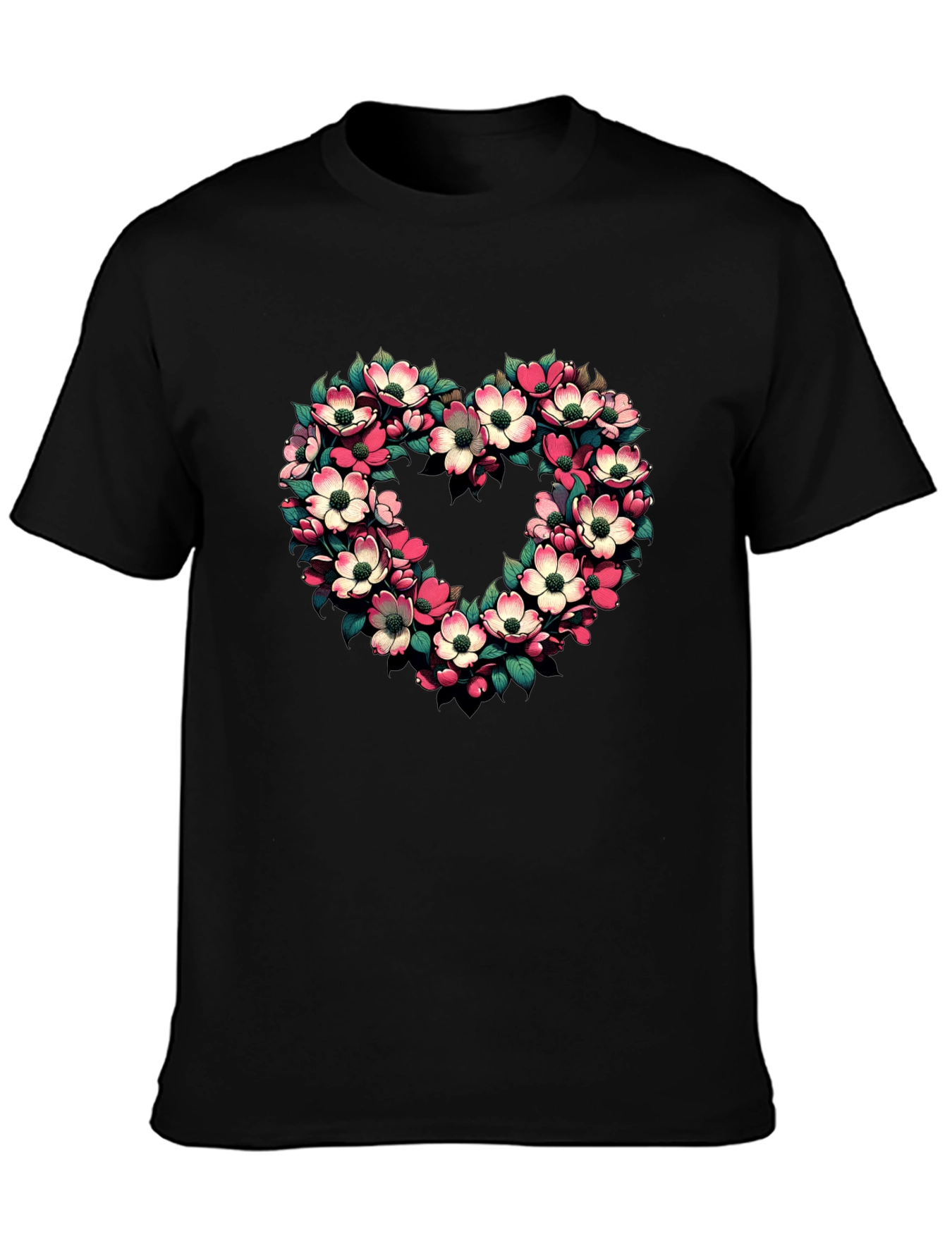 Floral Heart Graphic Tee - Black Cotton T-Shirt