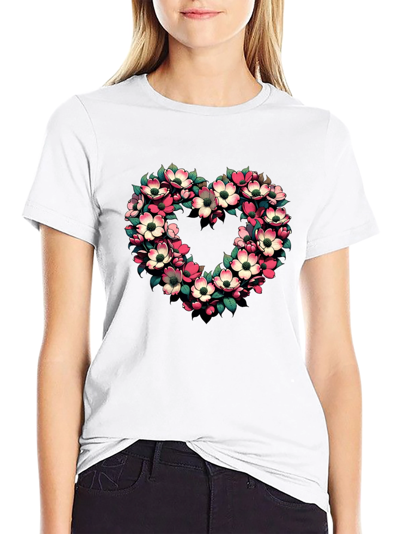 Floral Heart Graphic Tee - Black Cotton T-Shirt