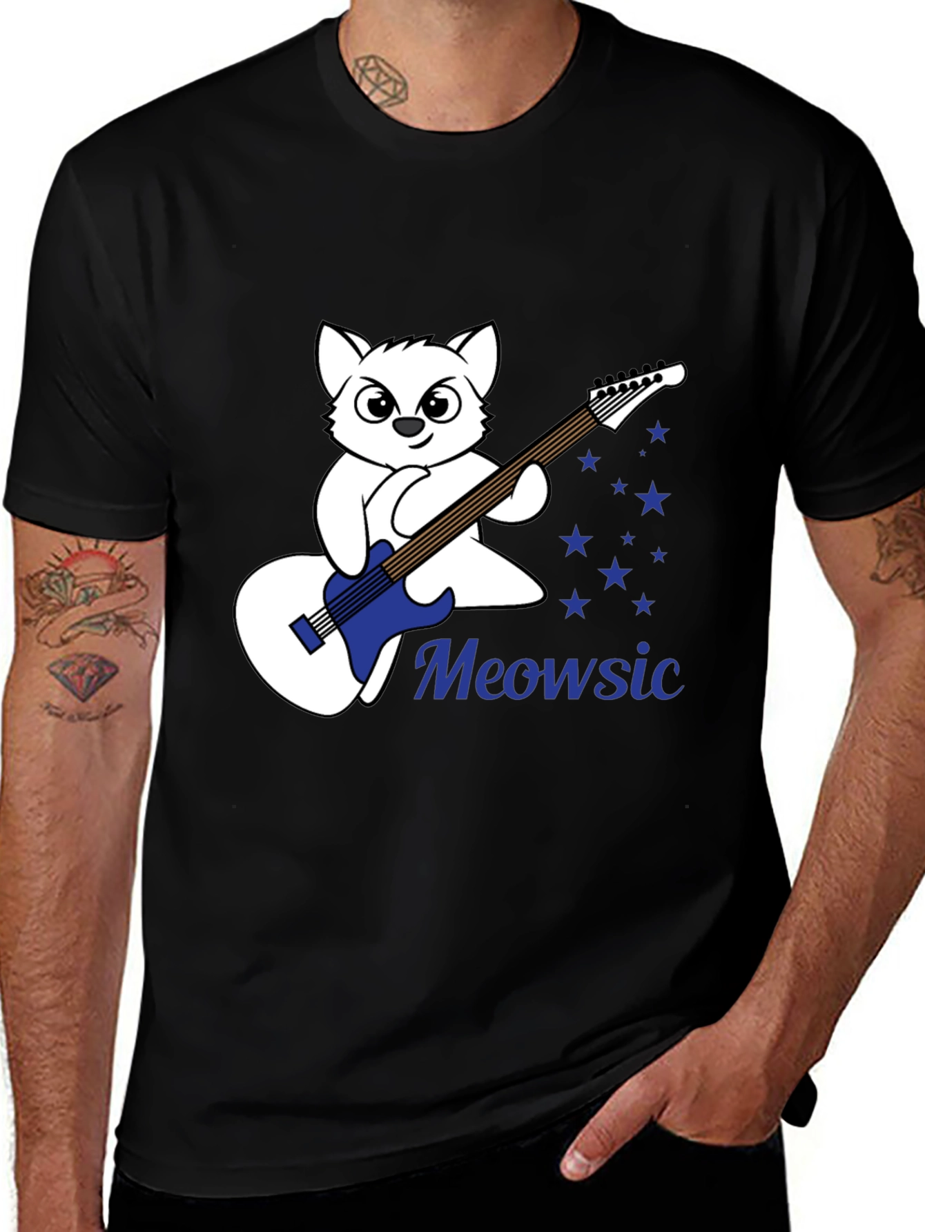 Meowsic Graphic Tee - Cat Guitar Player T-Shirt