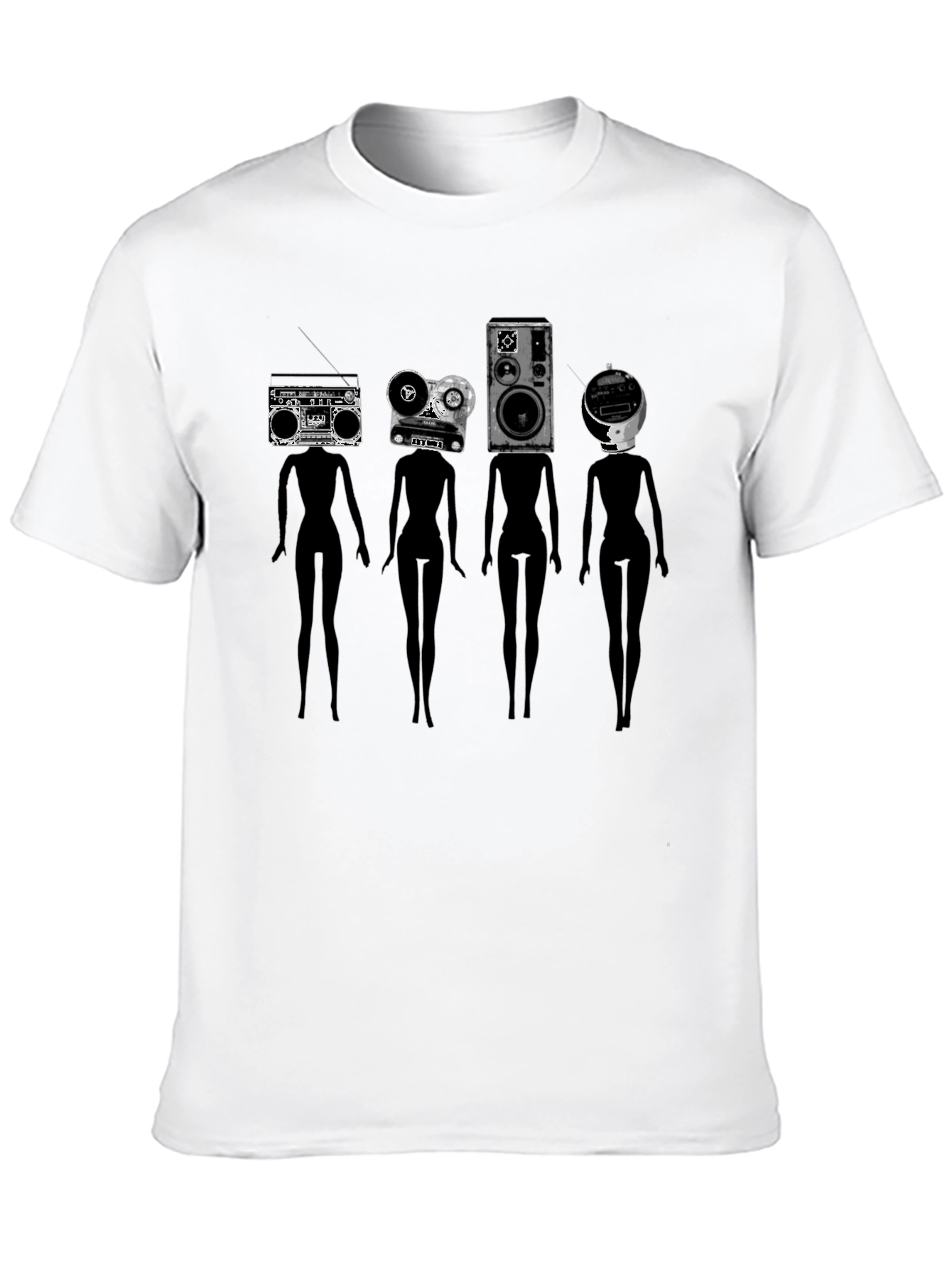 Novelty Black T-Shirt with Retro Audio Head Silhouettes