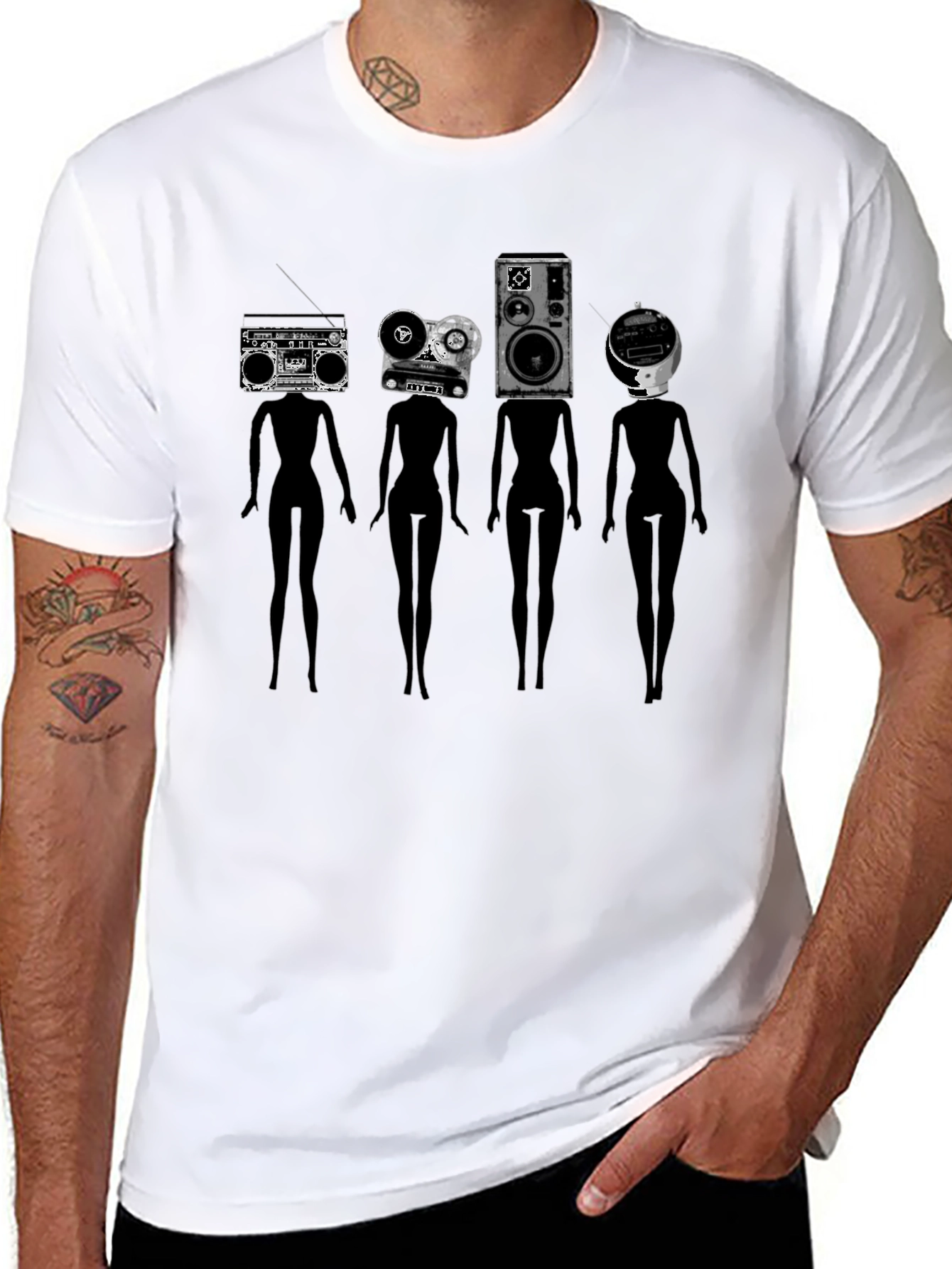 Novelty Black T-Shirt with Retro Audio Head Silhouettes