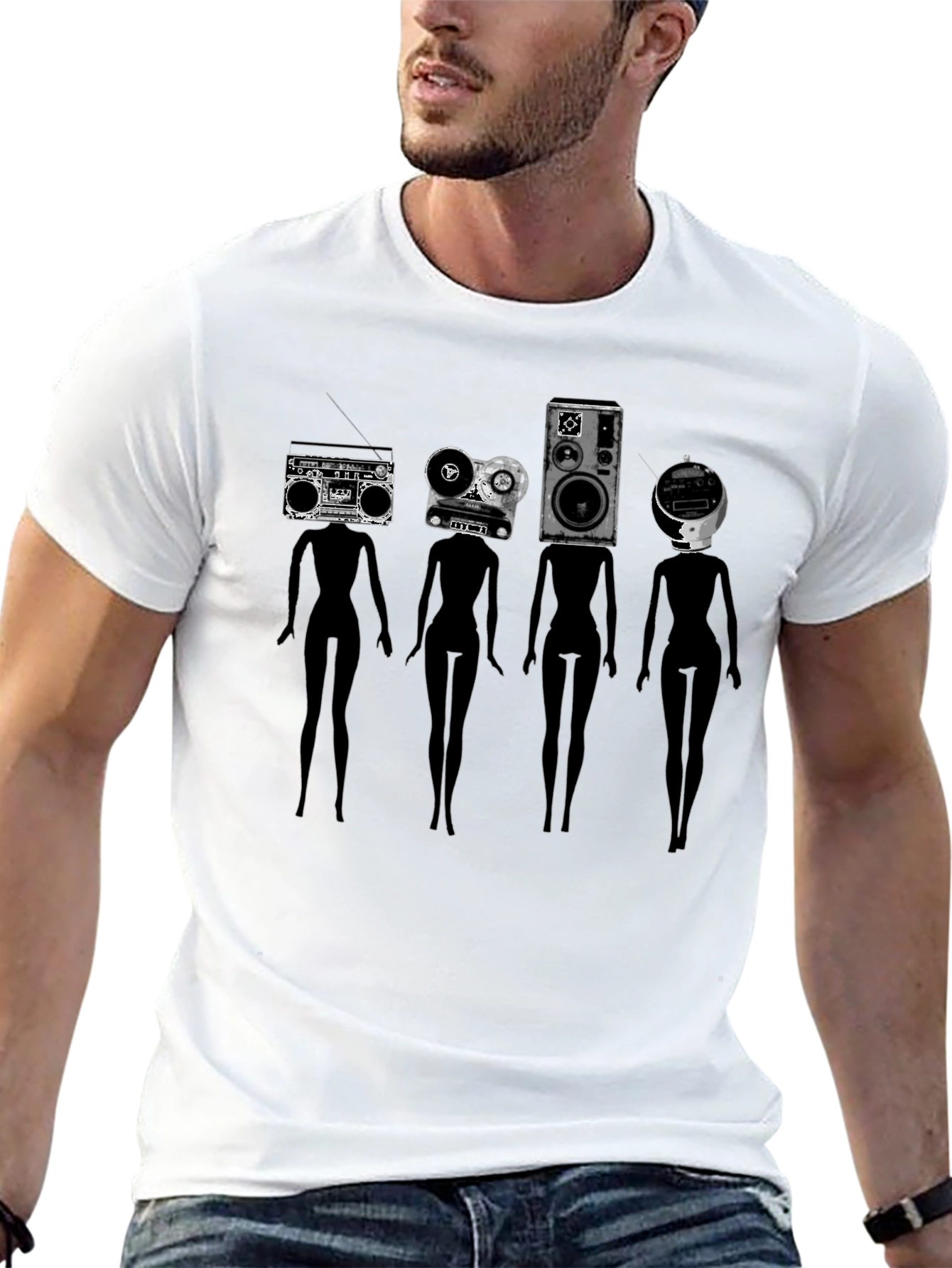Novelty Black T-Shirt with Retro Audio Head Silhouettes