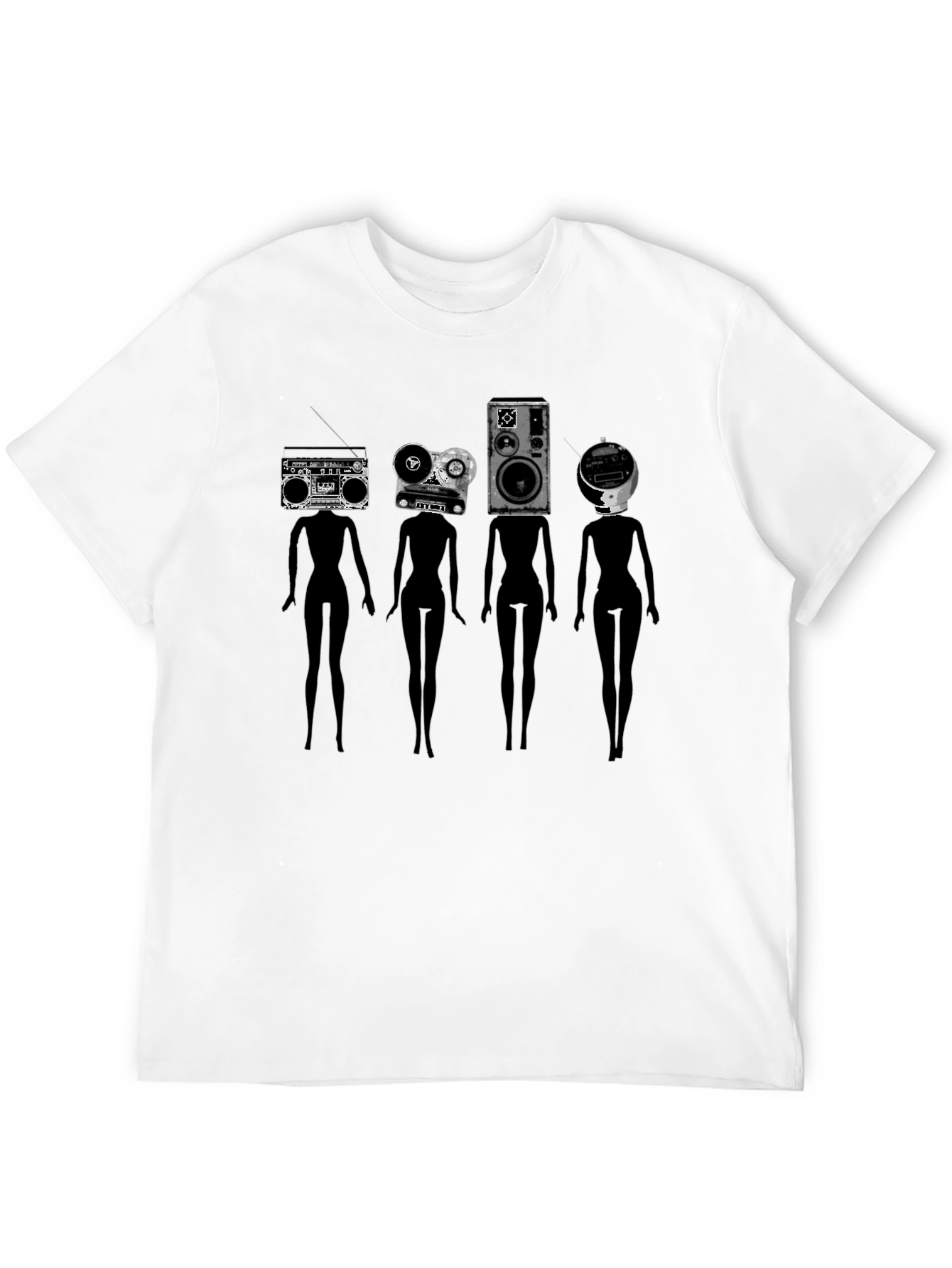 Novelty Black T-Shirt with Retro Audio Head Silhouettes