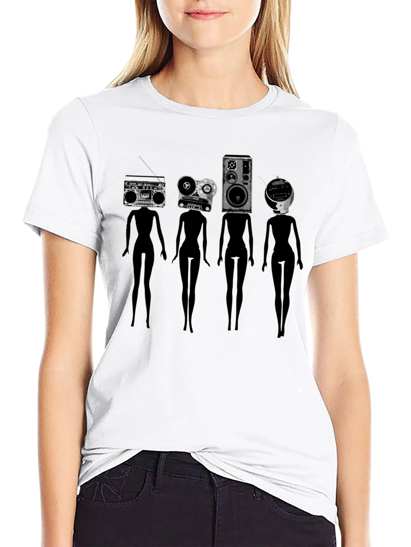 Novelty Black T-Shirt with Retro Audio Head Silhouettes