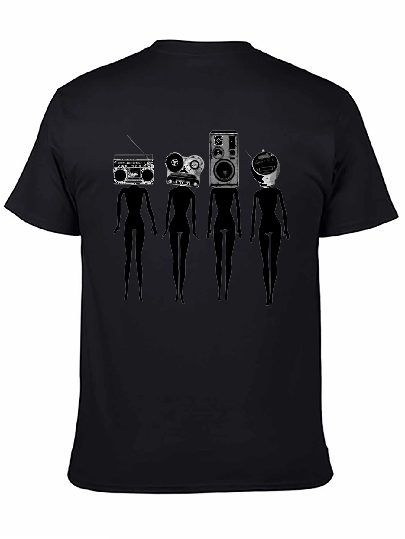Novelty Black T-Shirt with Retro Audio Head Silhouettes