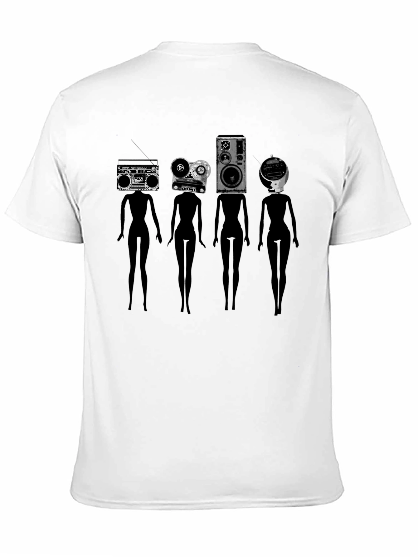 Novelty Black T-Shirt with Retro Audio Head Silhouettes