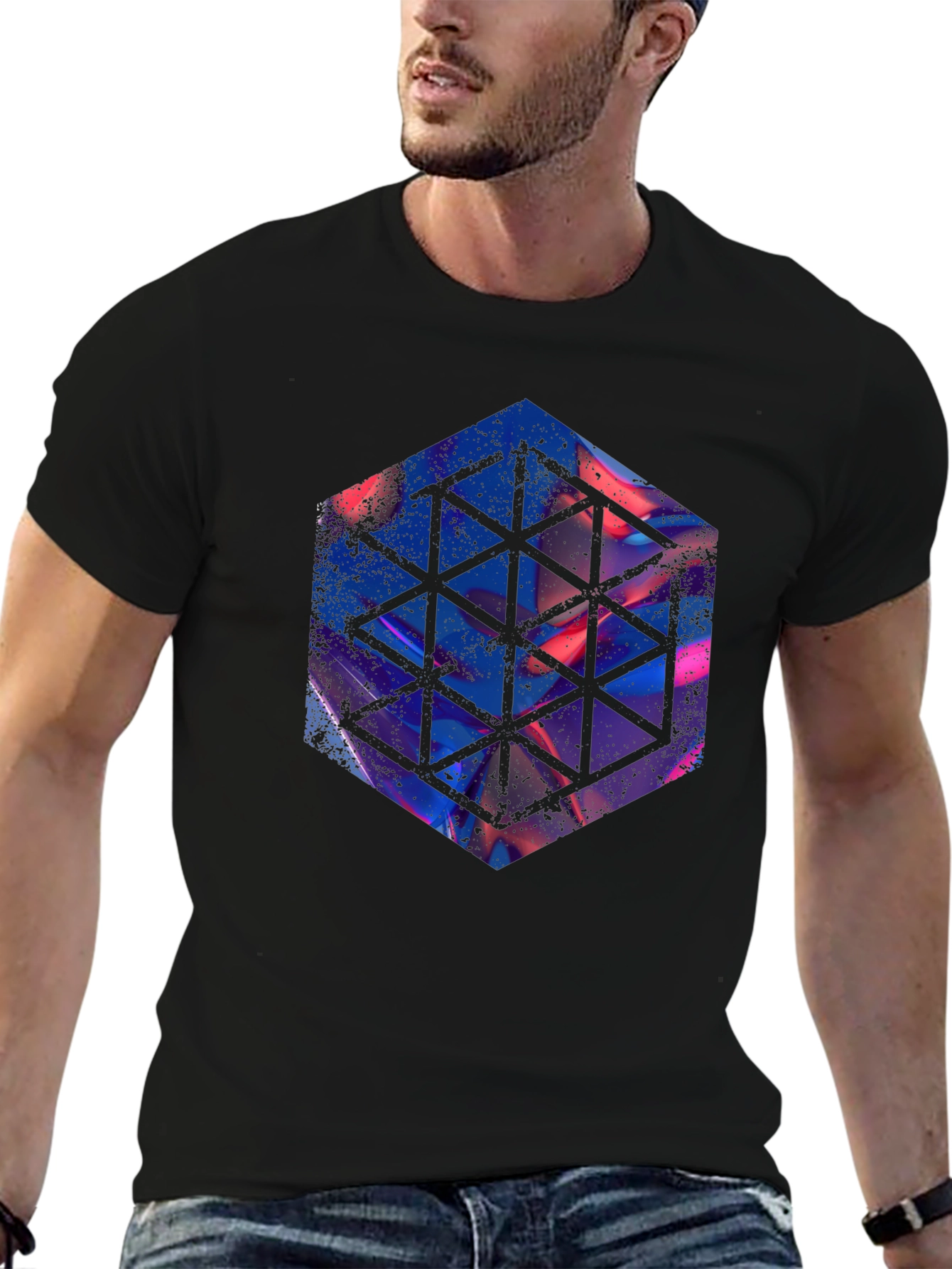 Geometric Hexagon Graphic Black T-Shirt