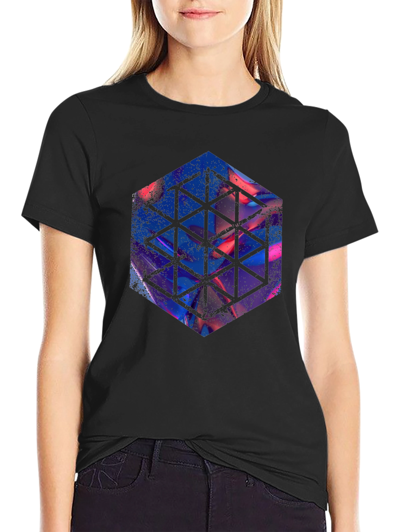 Geometric Hexagon Graphic Black T-Shirt