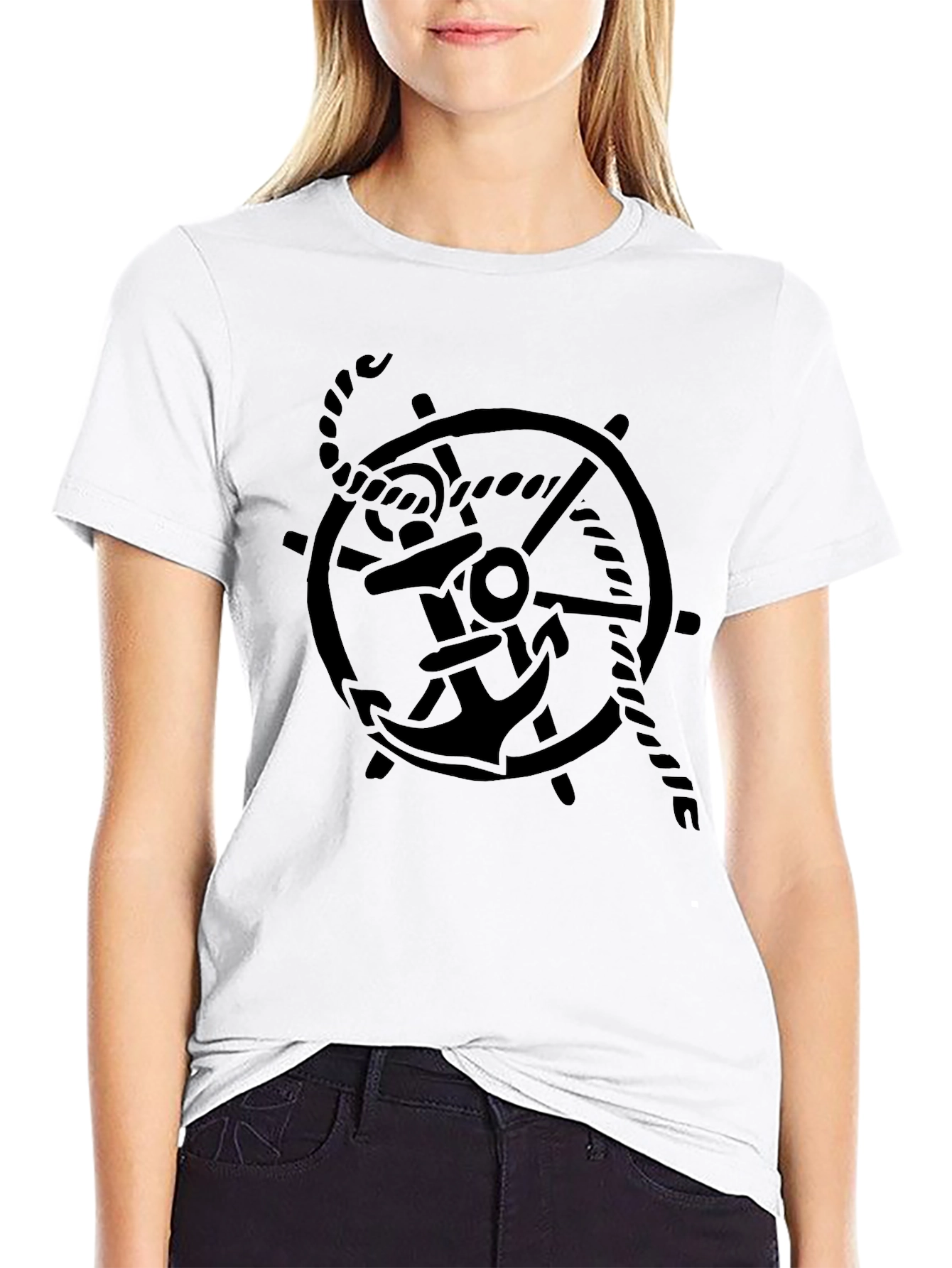 Nautical Anchor Wheel Graphic Tee - Black