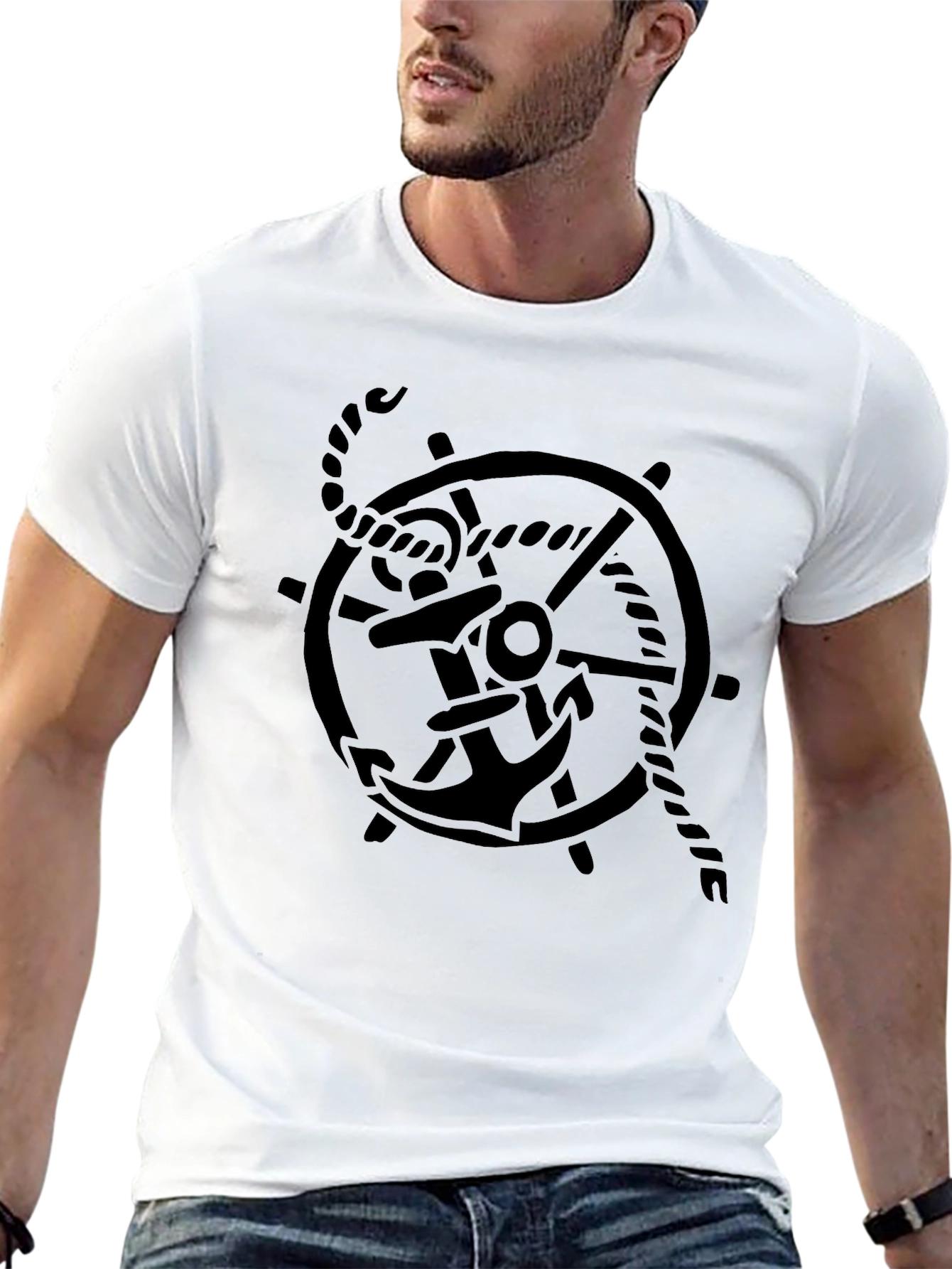 Nautical Anchor Wheel Graphic Tee - Black