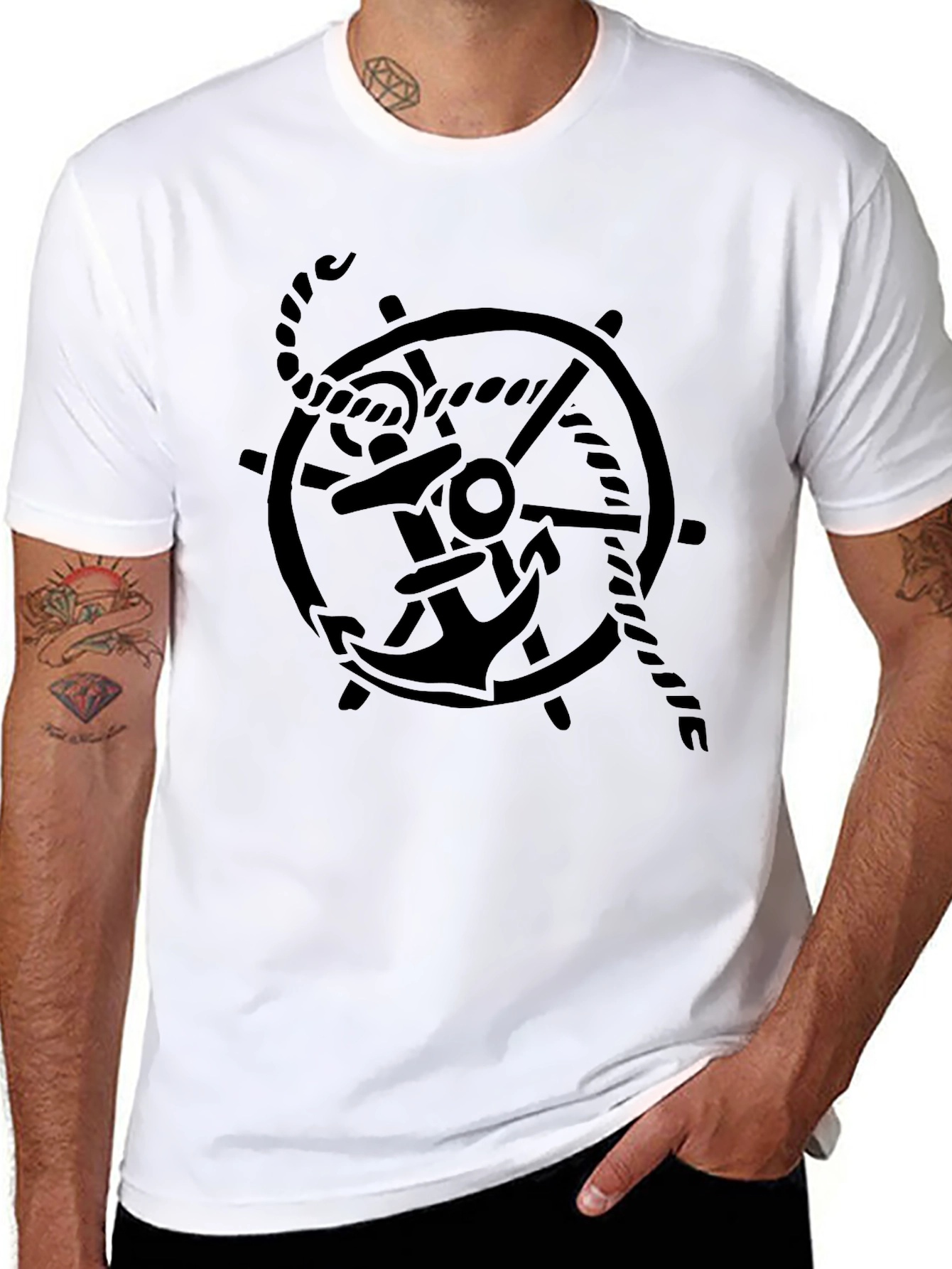 Nautical Anchor Wheel Graphic Tee - Black