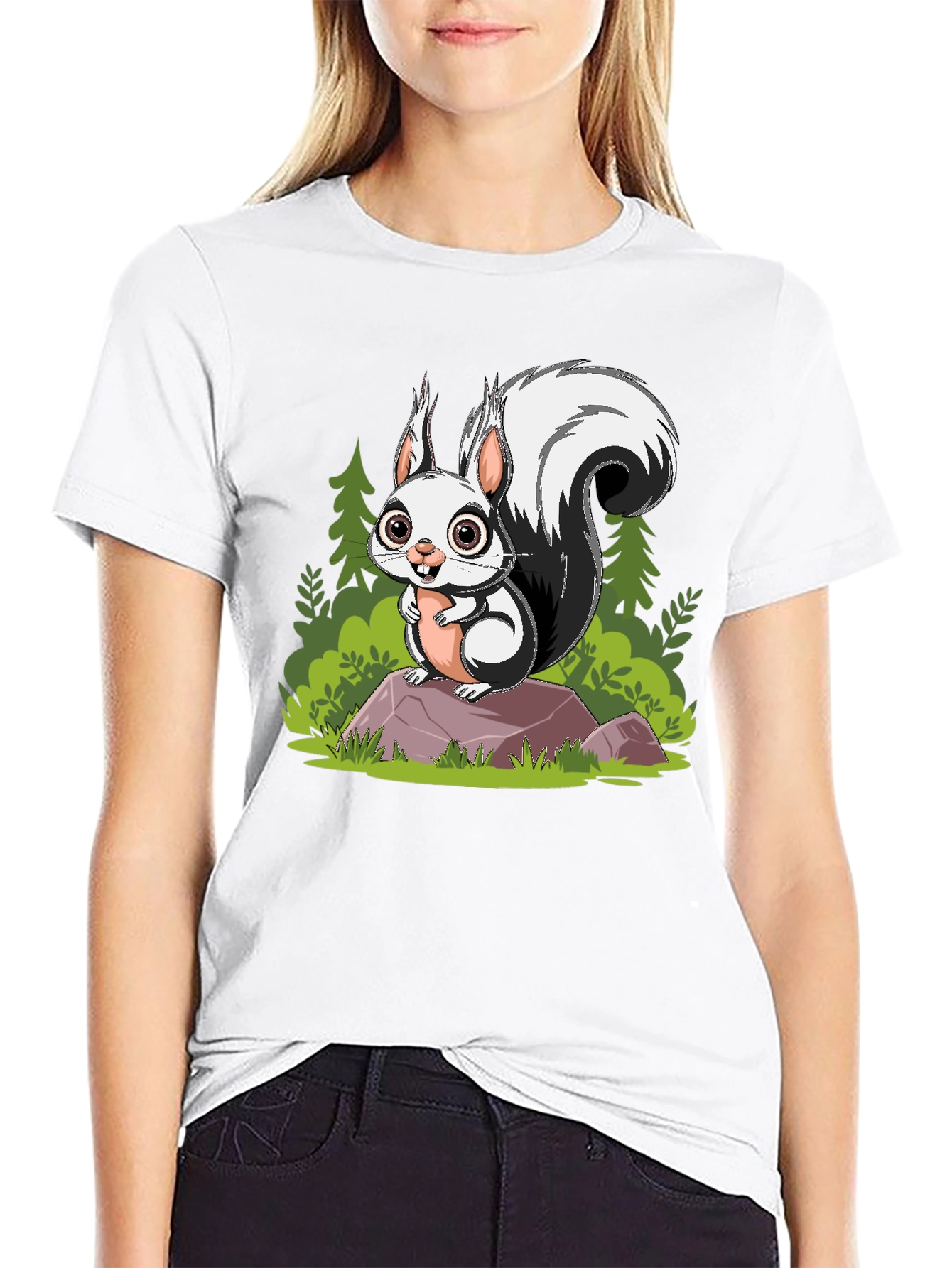 Cartoon Squirrel Graphic Tee - Black