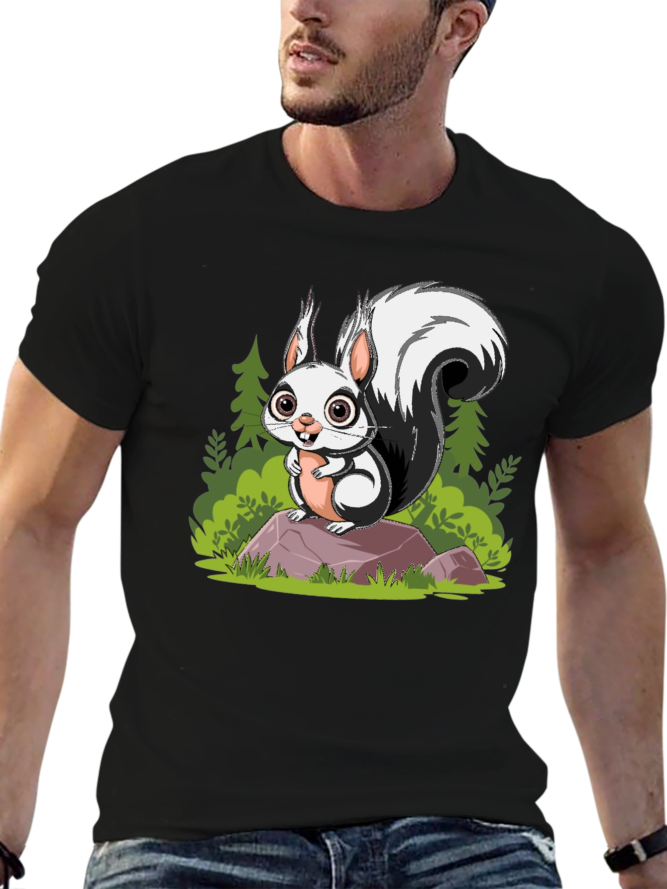 Cartoon Squirrel Graphic Tee - Black