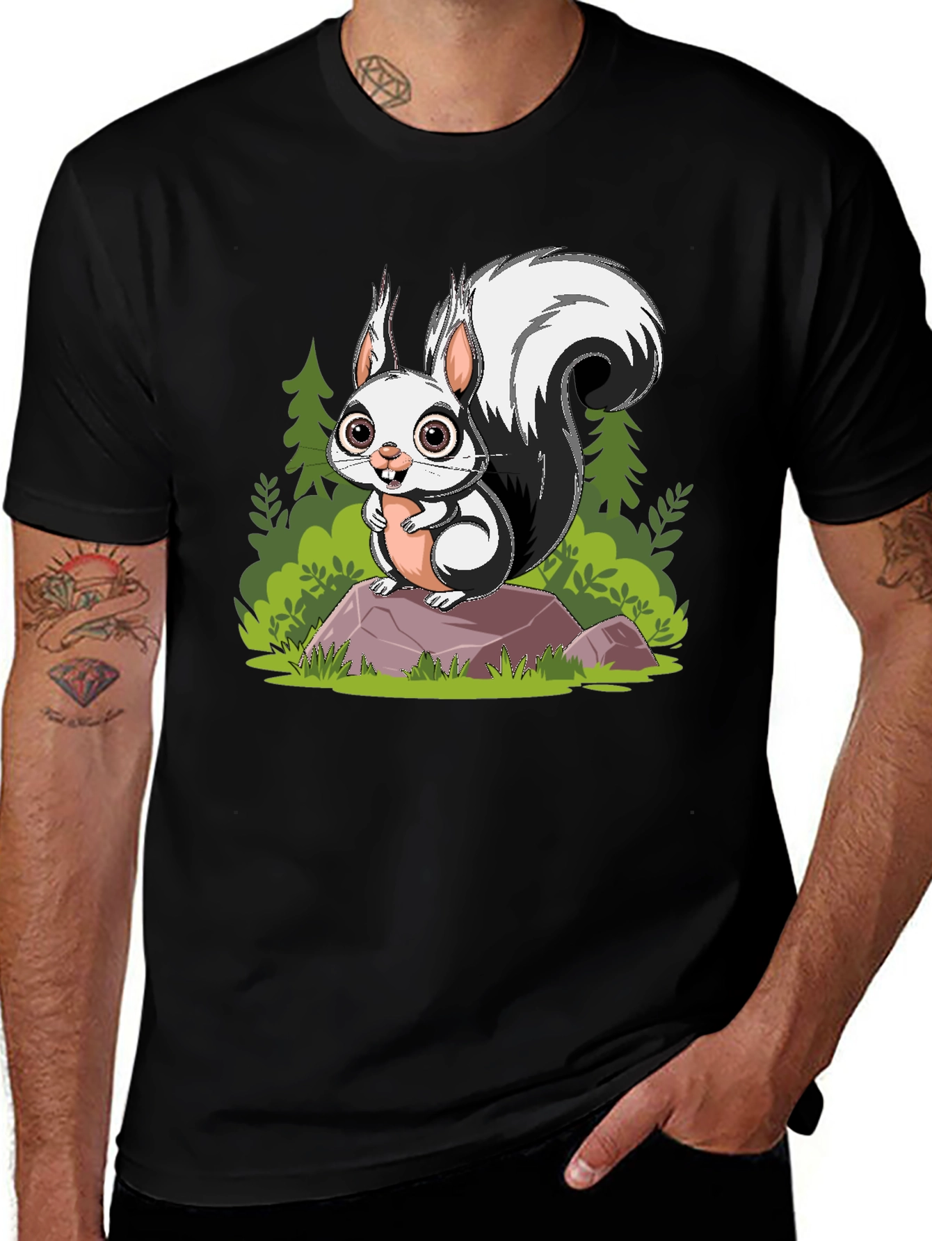 Cartoon Squirrel Graphic Tee - Black