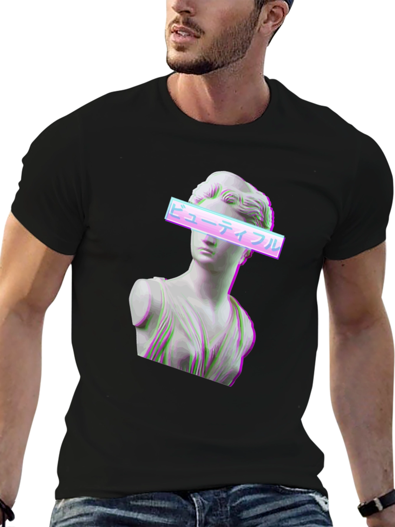 Aesthetic Vaporwave Statue Graphic T-Shirt - Black