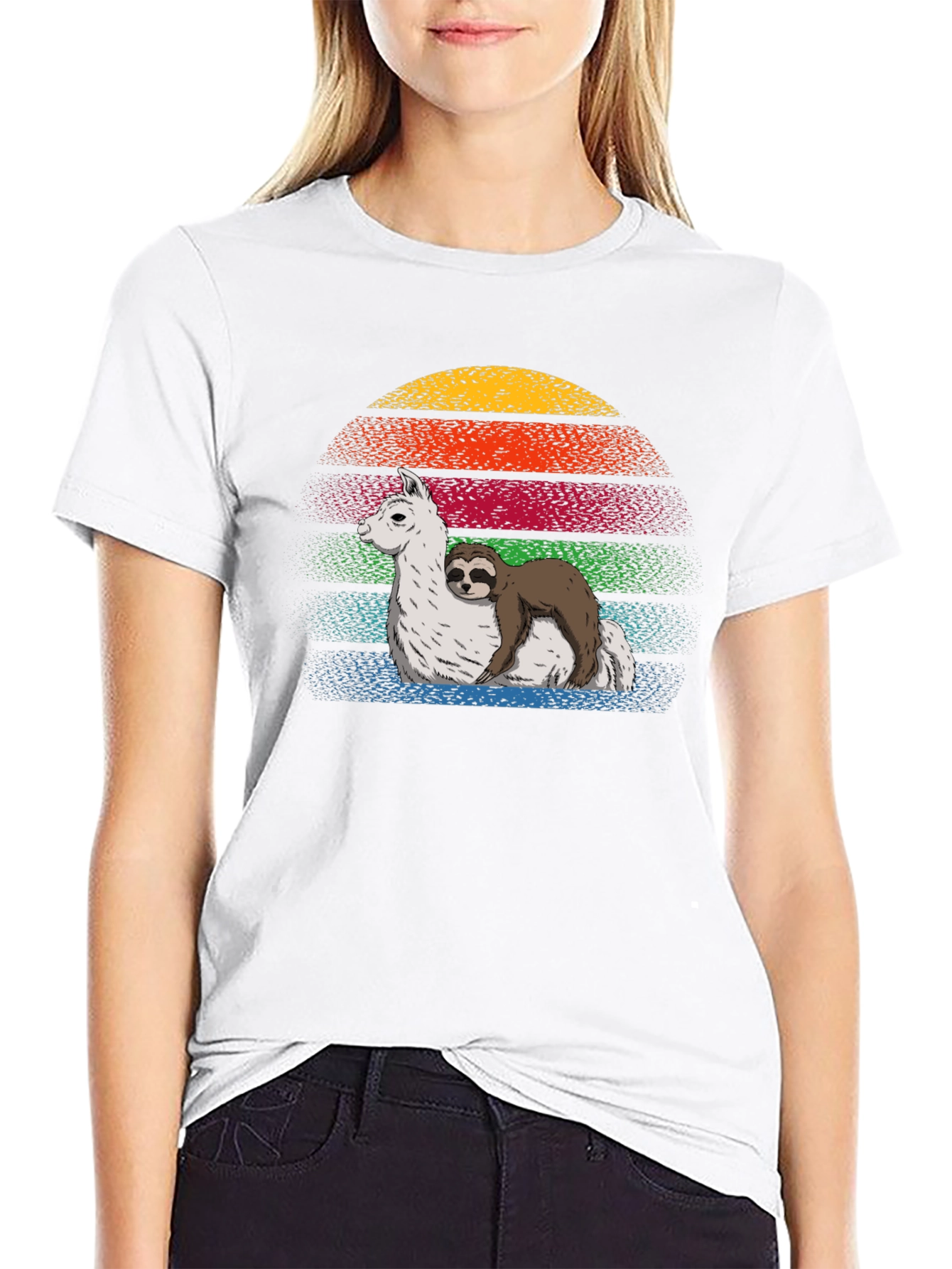 Sloth Hugging Llama Sunset Graphic Tee