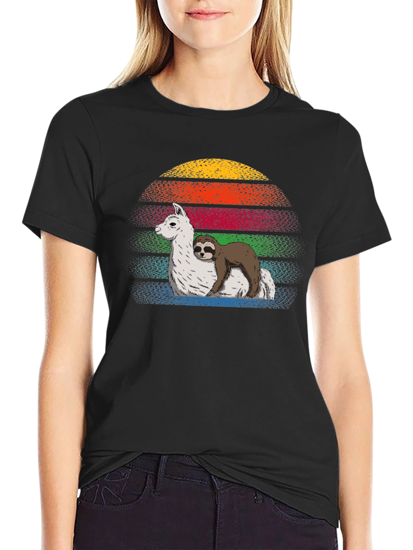 Sloth Hugging Llama Sunset Graphic Tee