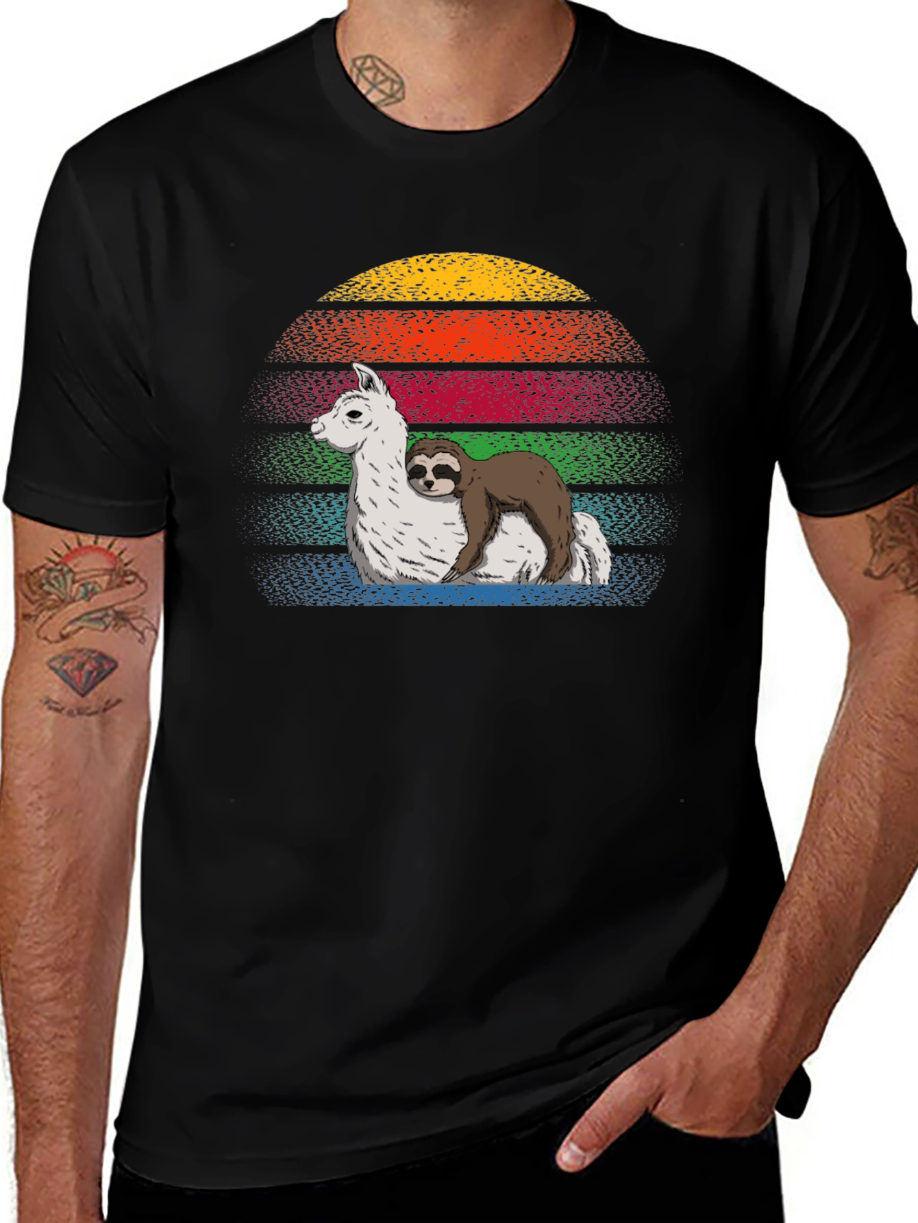 Sloth Hugging Llama Sunset Graphic Tee