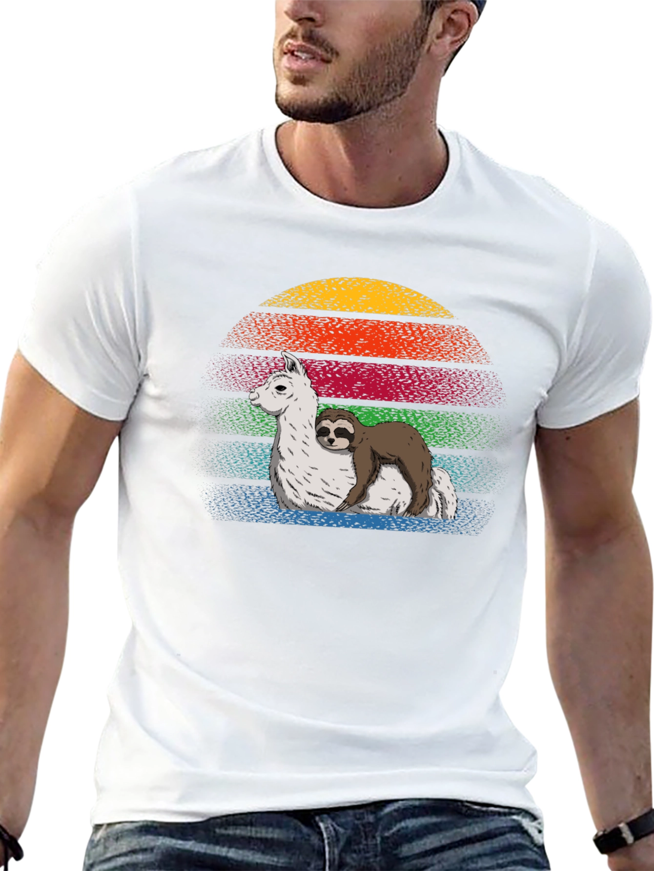 Sloth Hugging Llama Sunset Graphic Tee