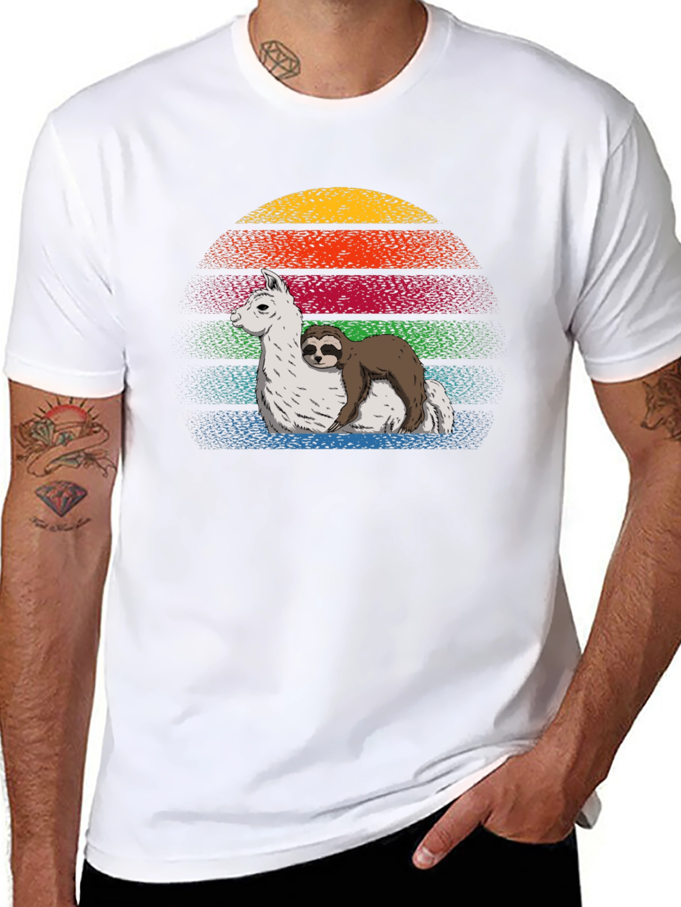 Sloth Hugging Llama Sunset Graphic Tee