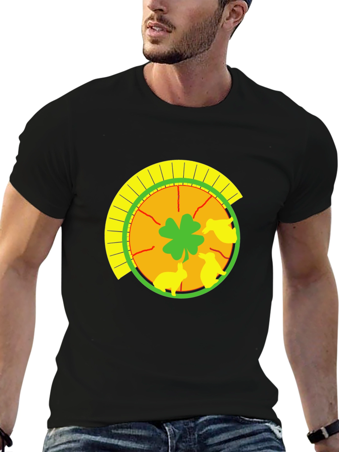Lucky Shamrock & Rabbit Print Black T-Shirt