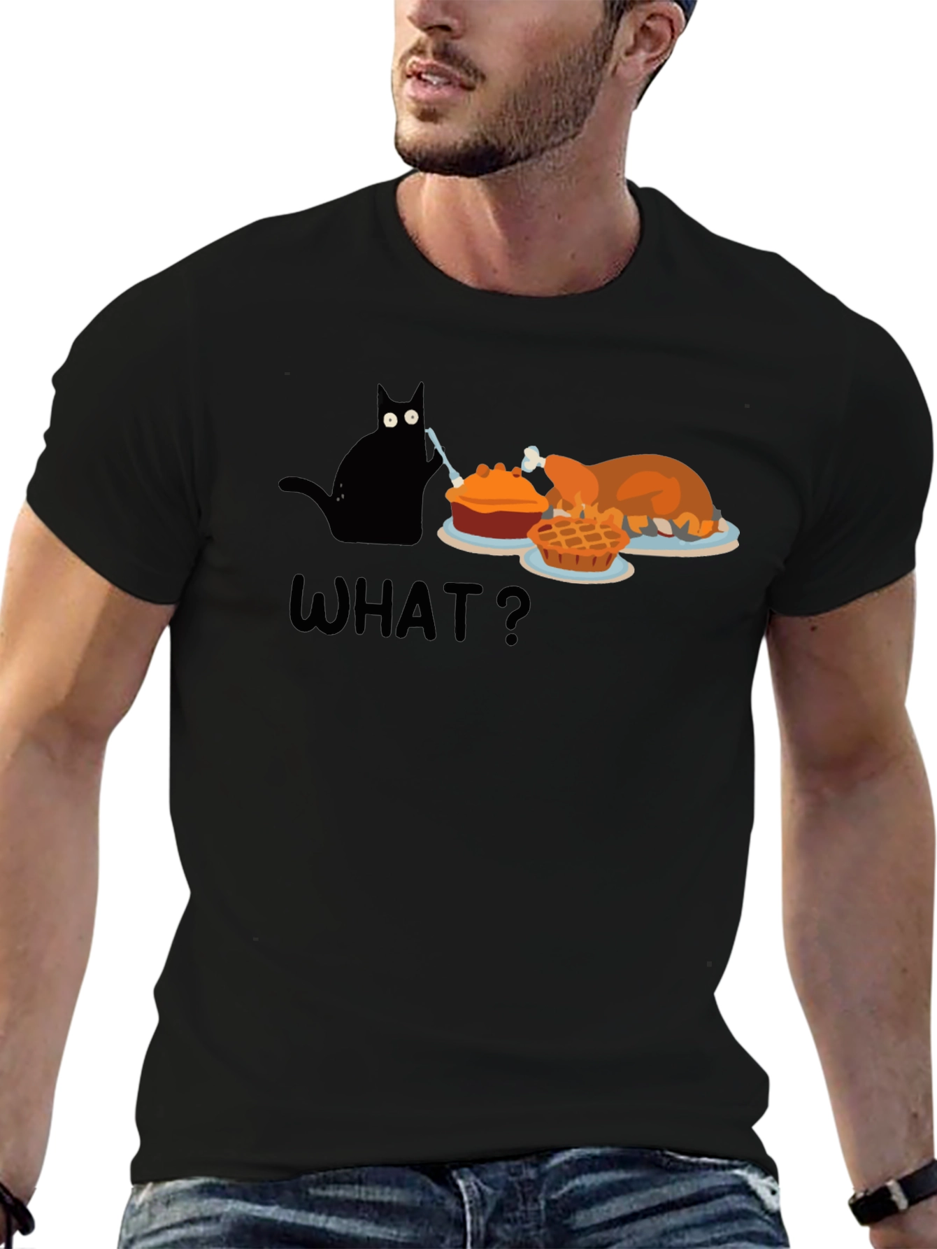 Thanksgiving Cat Humor T-Shirt - Black