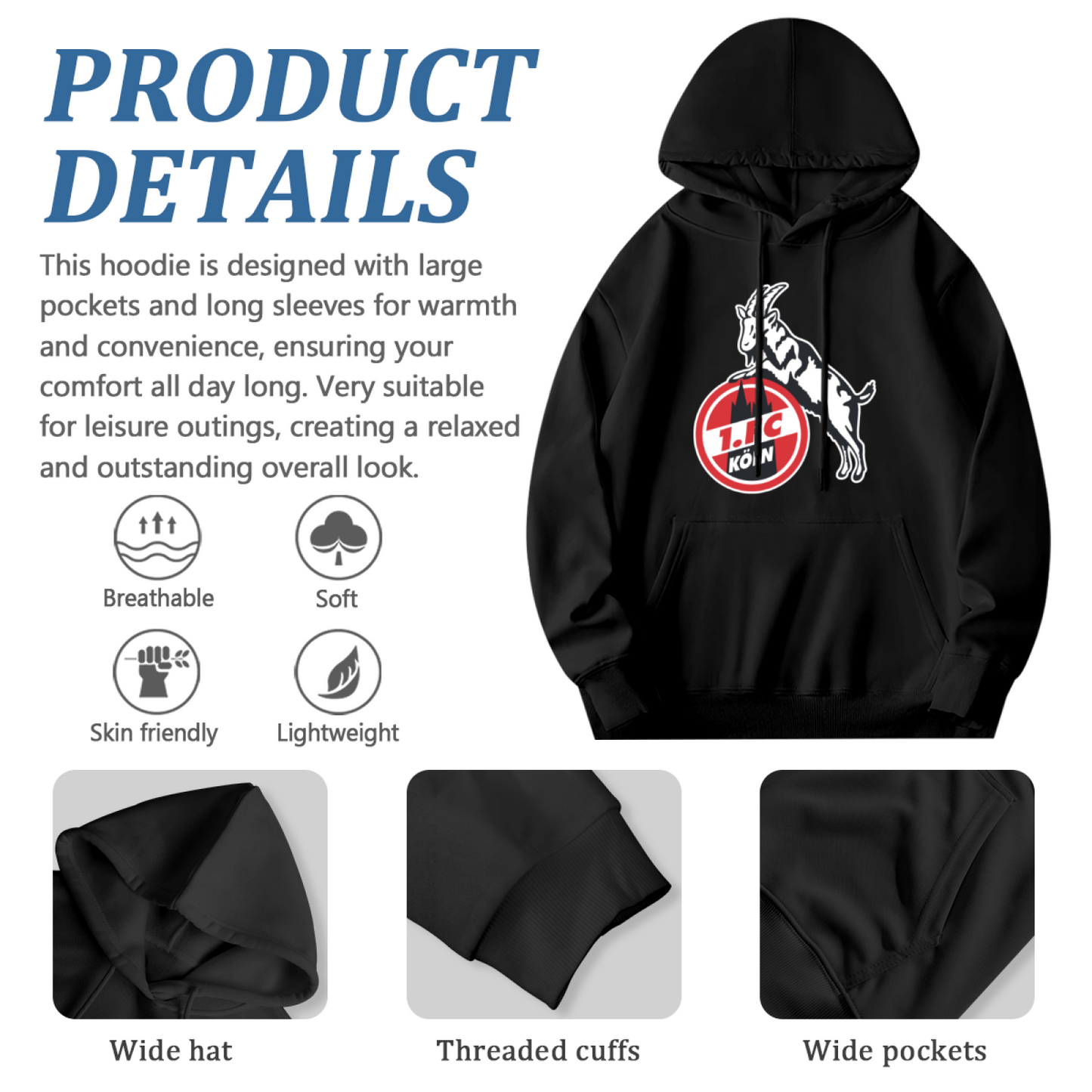 1.FC Köln Goat Football Black Hoodie, Unisex Soccer Fan Soft Warm Hoodie
