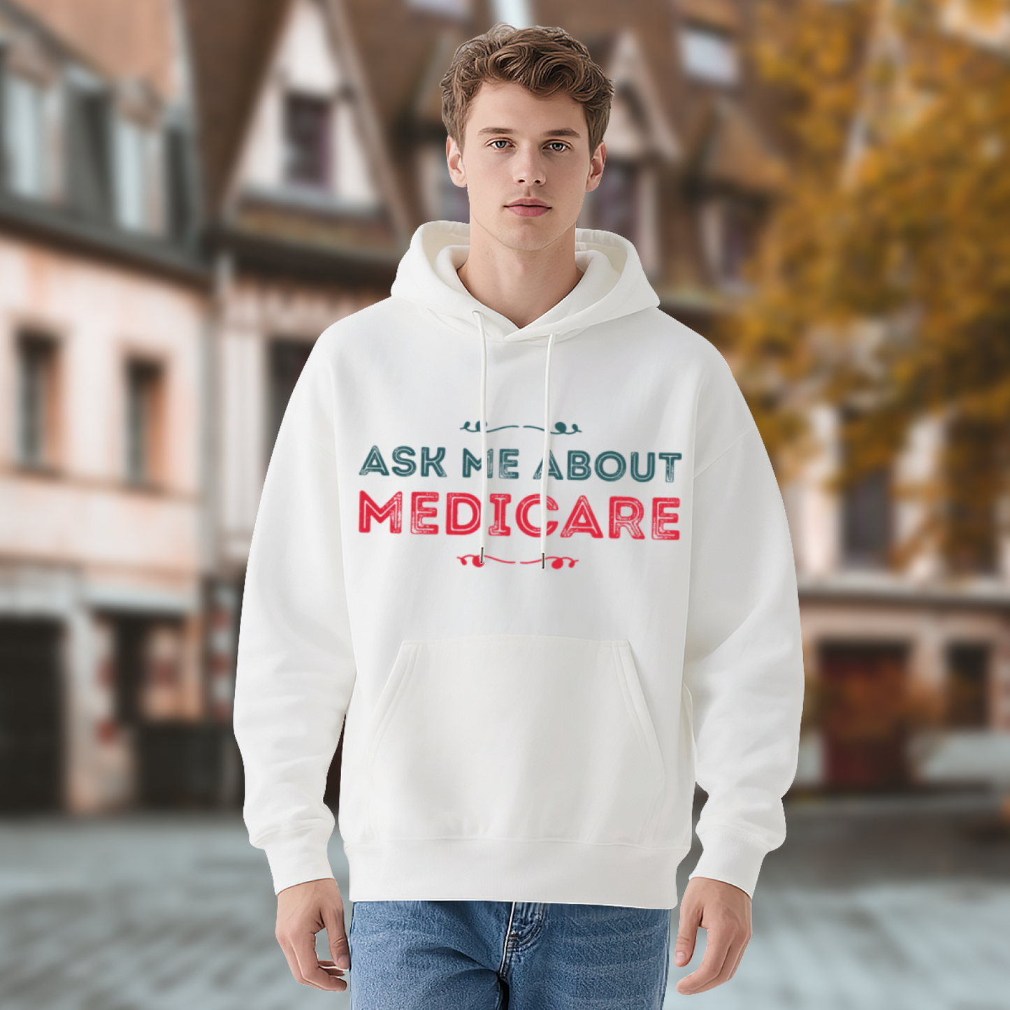 Ask Me About Medicare Vintage Text White Hoodie, Comfort Daily Unisex Top