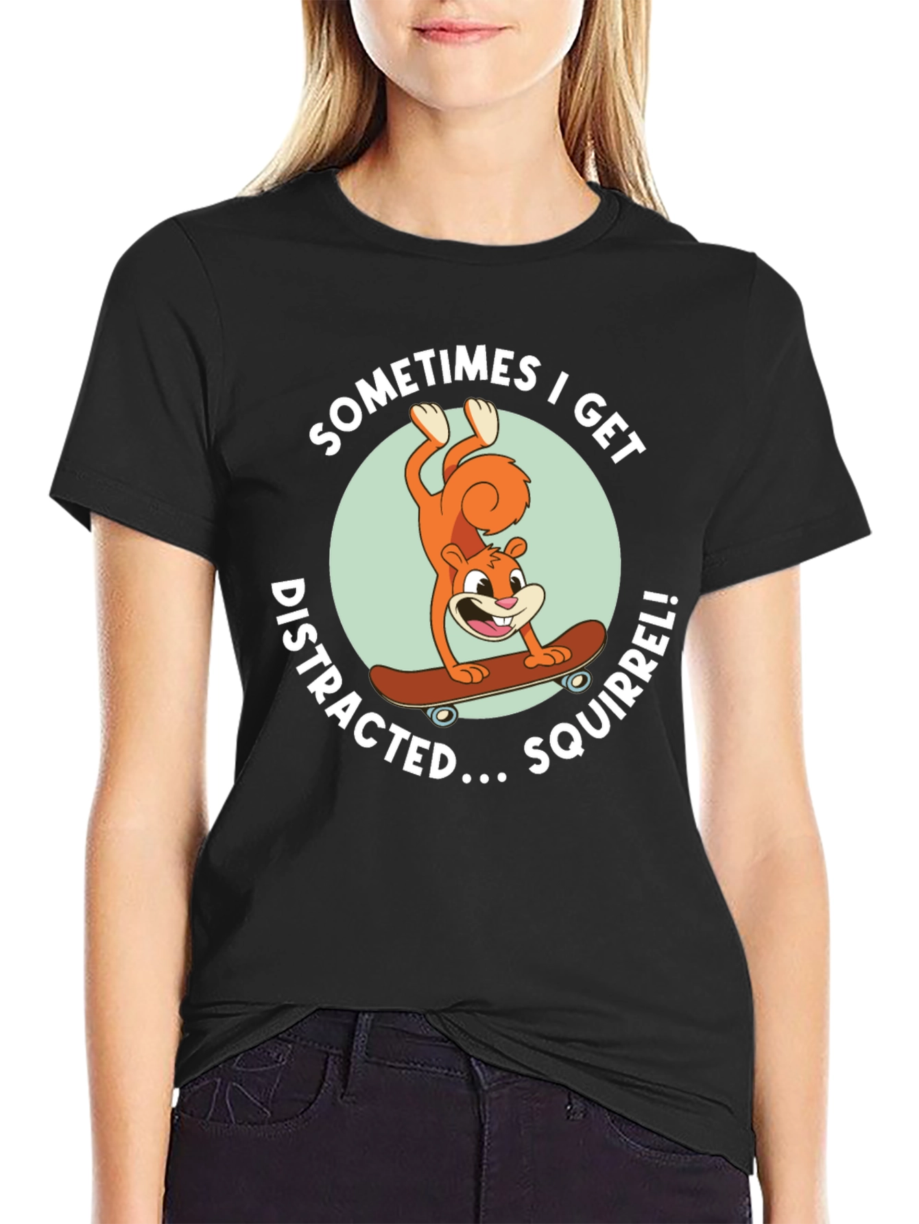 Squirrel Skateboard Graphic Tee - Black Cotton T-Shirt