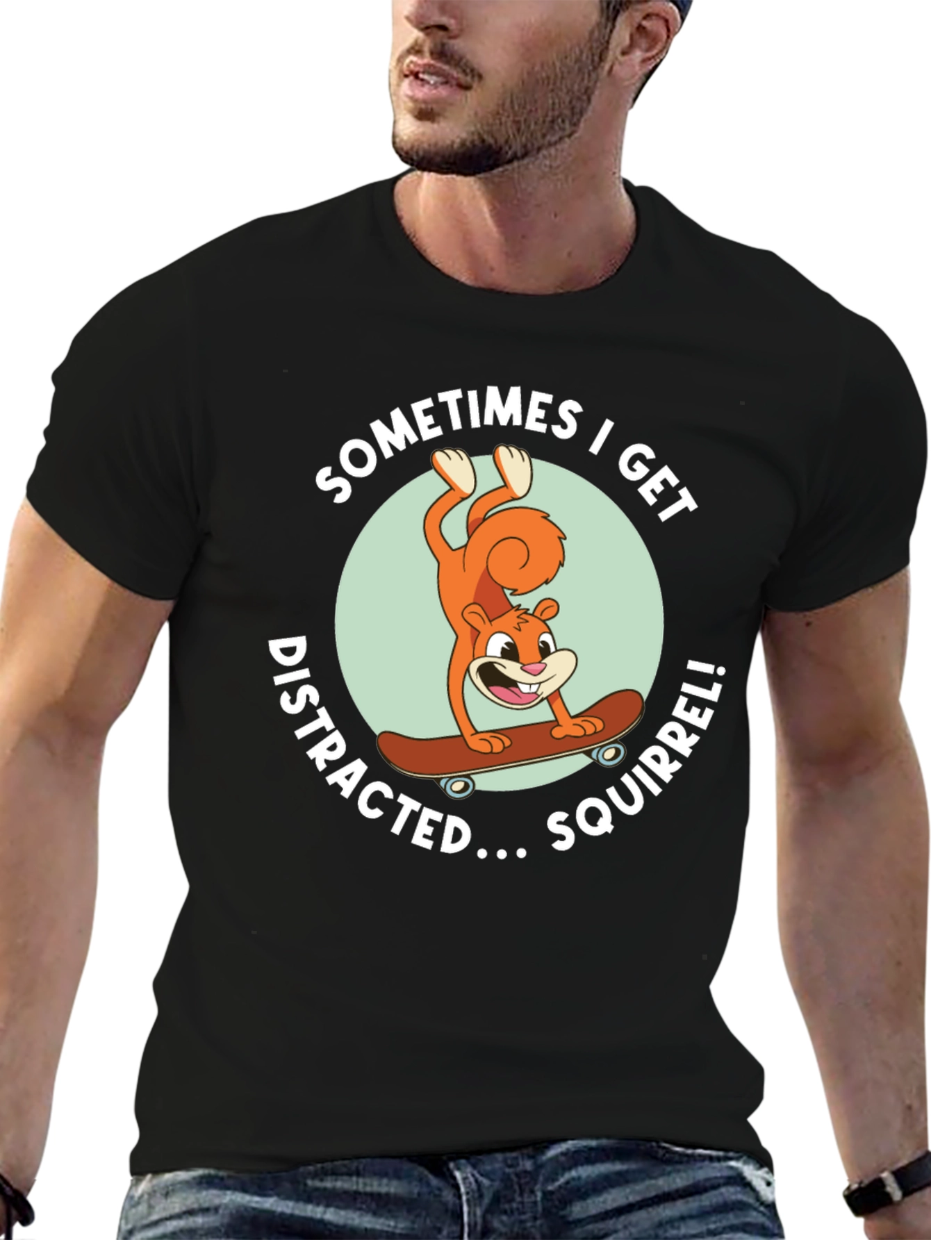 Squirrel Skateboard Graphic Tee - Black Cotton T-Shirt