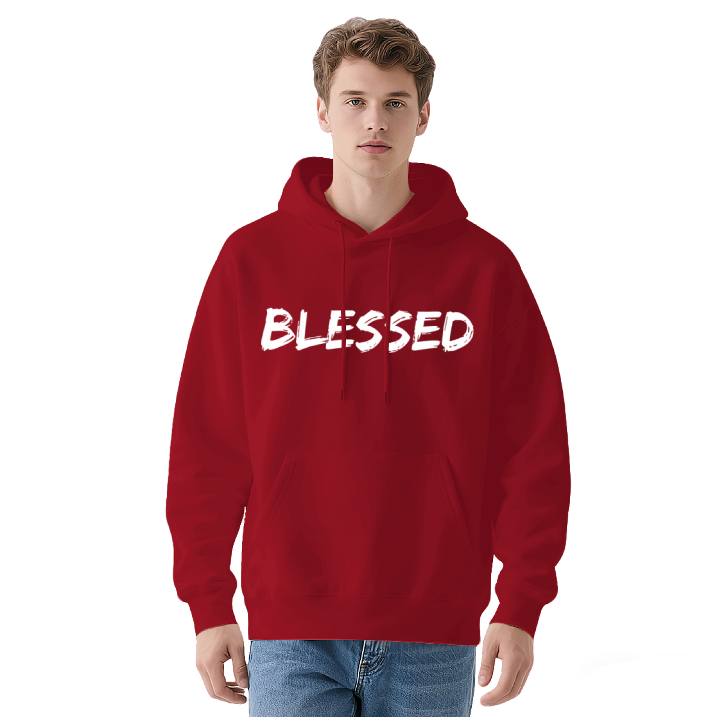 Minimal Brush Font BLESSED Red Hoodie, Unisex Soft Casual Hooded Top
