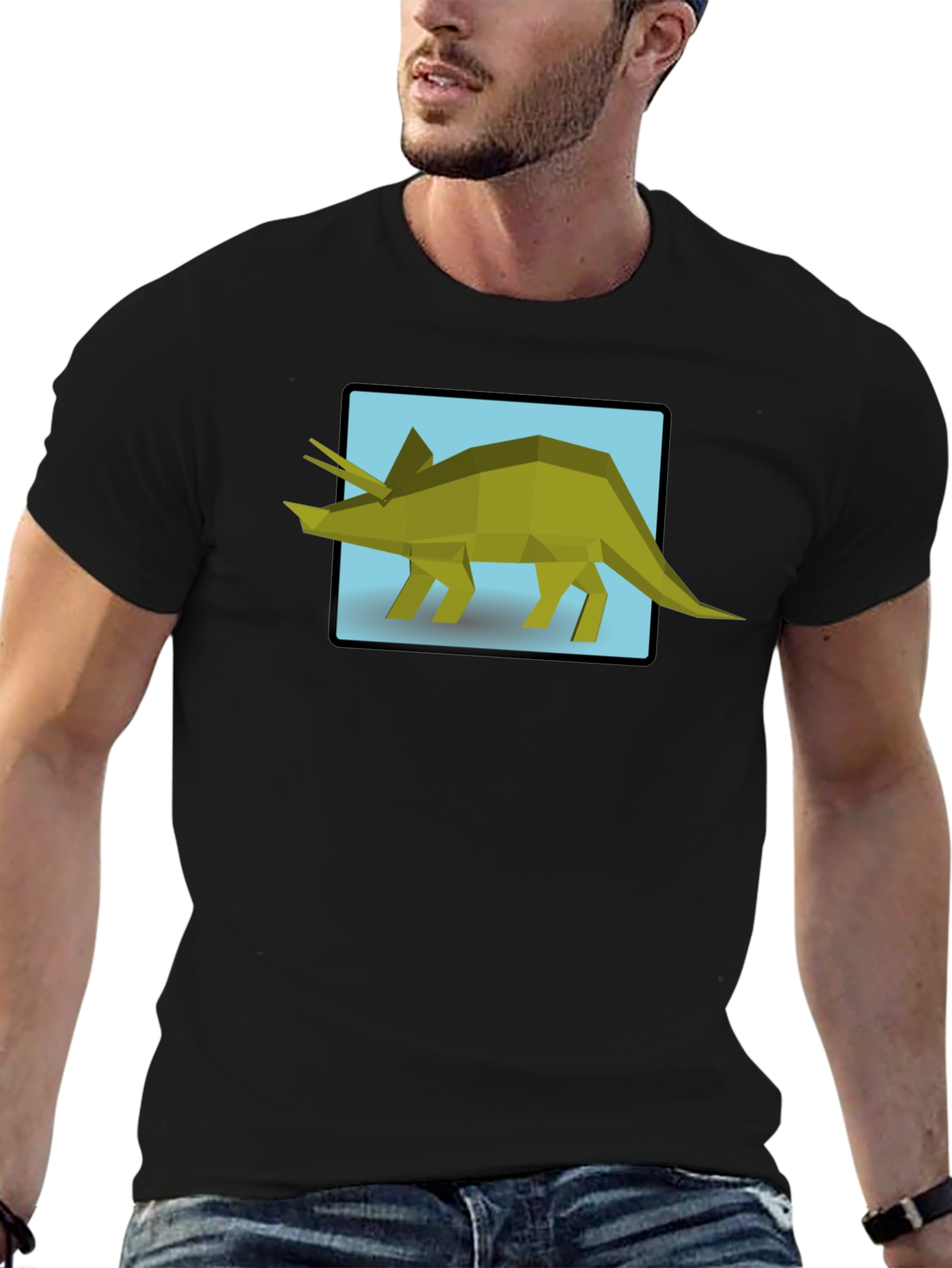 Geometric Triceratops Graphic Tee - Black