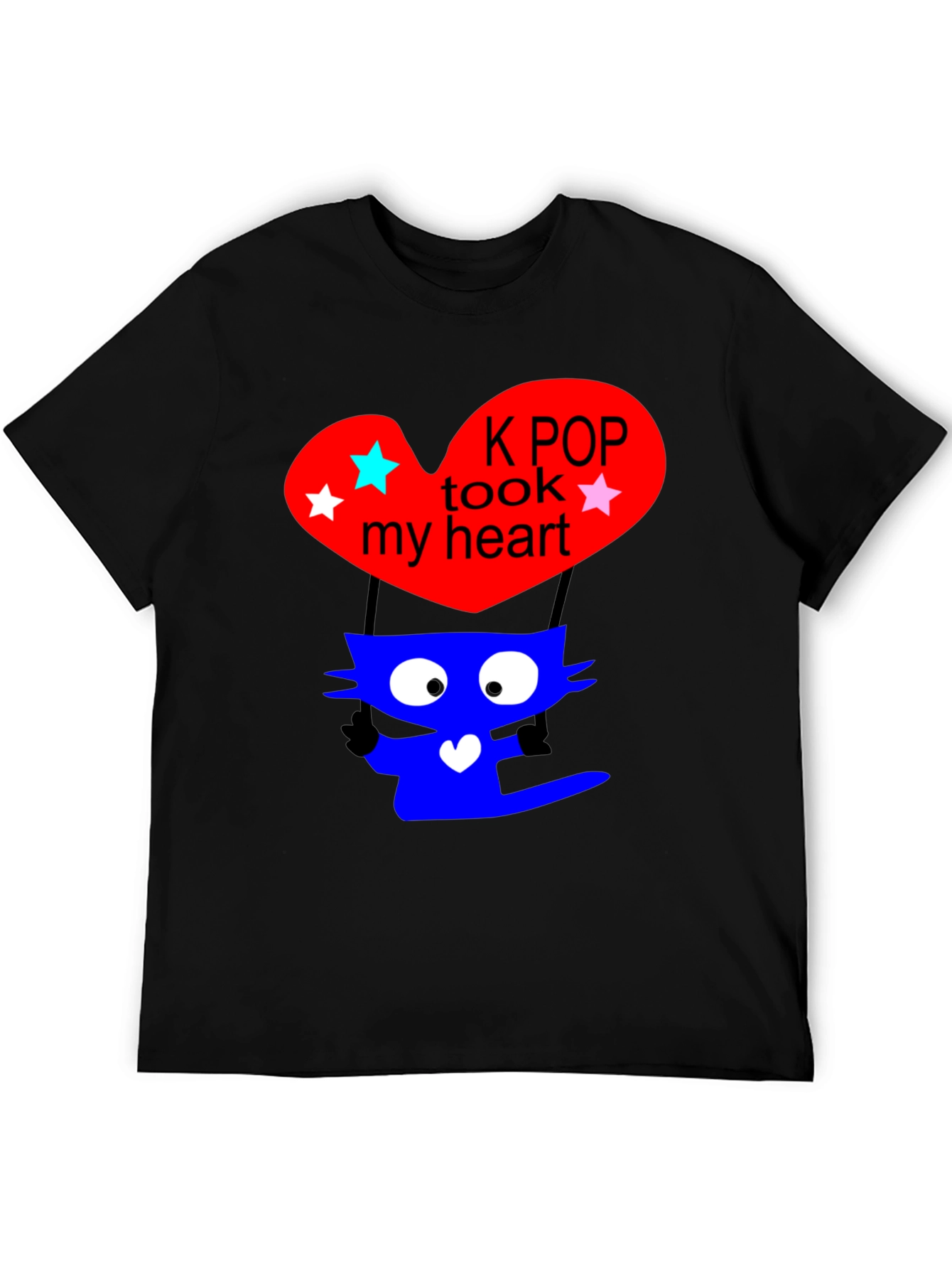 K-Pop Cat Heart Graphic Tee - Trendy Black T-Shirt