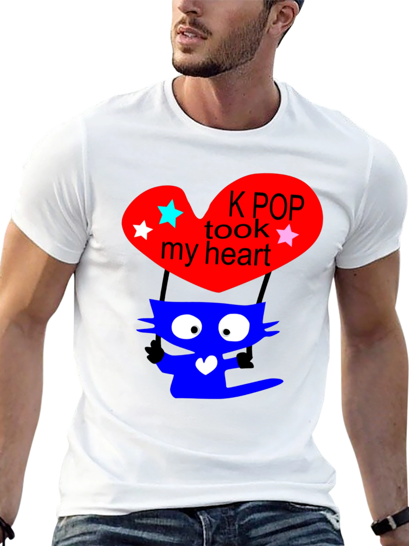 K-Pop Cat Heart Graphic Tee - Trendy Black T-Shirt