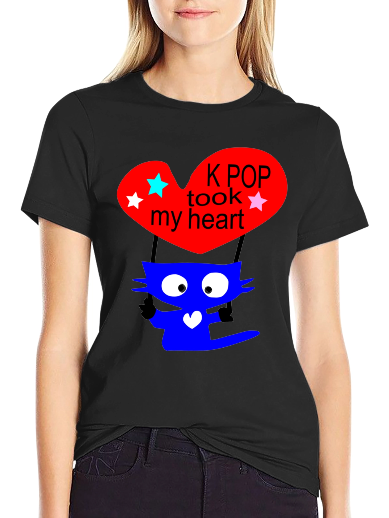 K-Pop Cat Heart Graphic Tee - Trendy Black T-Shirt