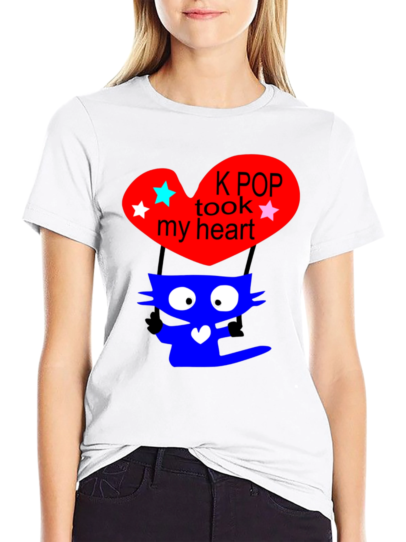 K-Pop Cat Heart Graphic Tee - Trendy Black T-Shirt