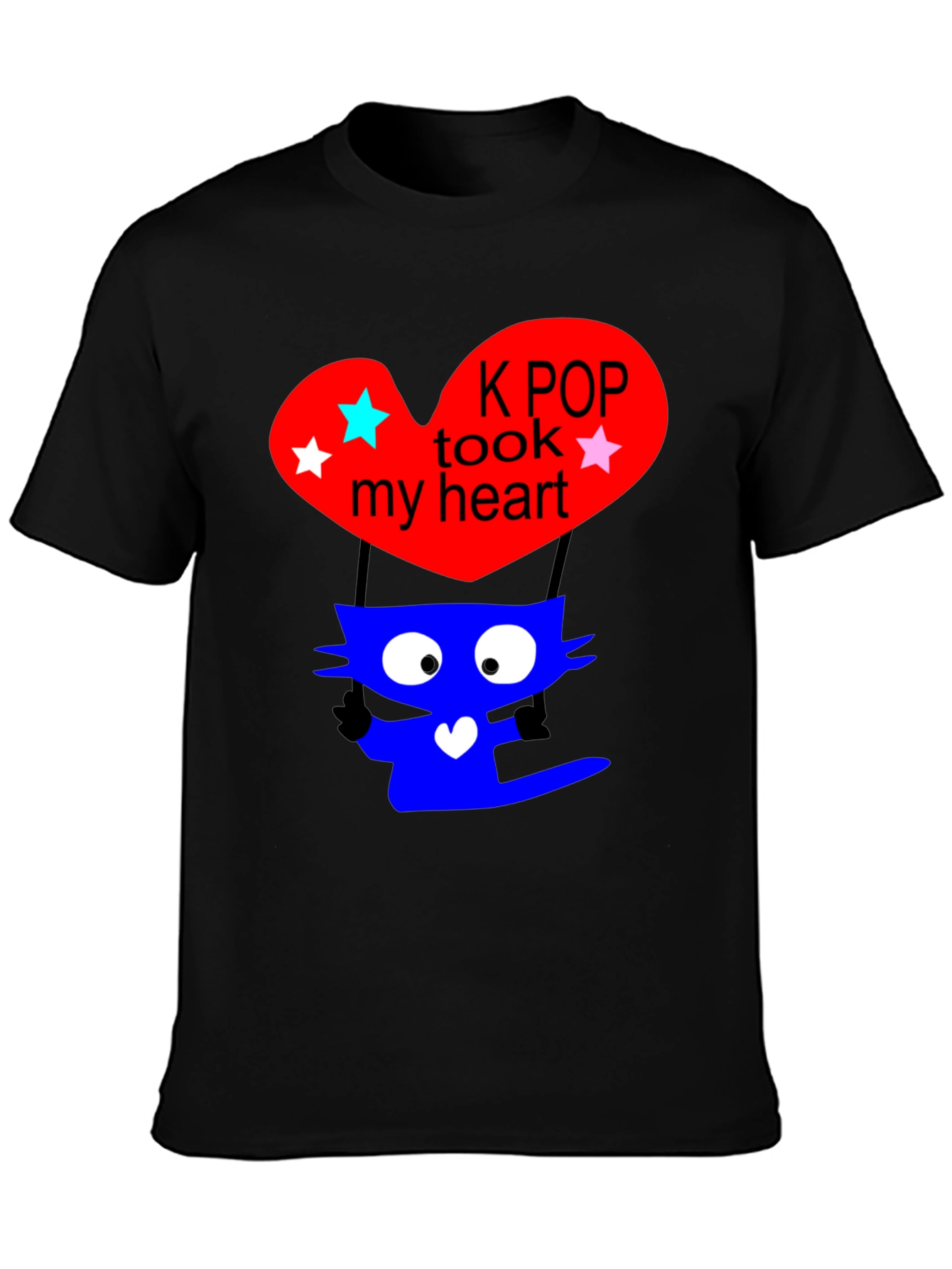 K-Pop Cat Heart Graphic Tee - Trendy Black T-Shirt